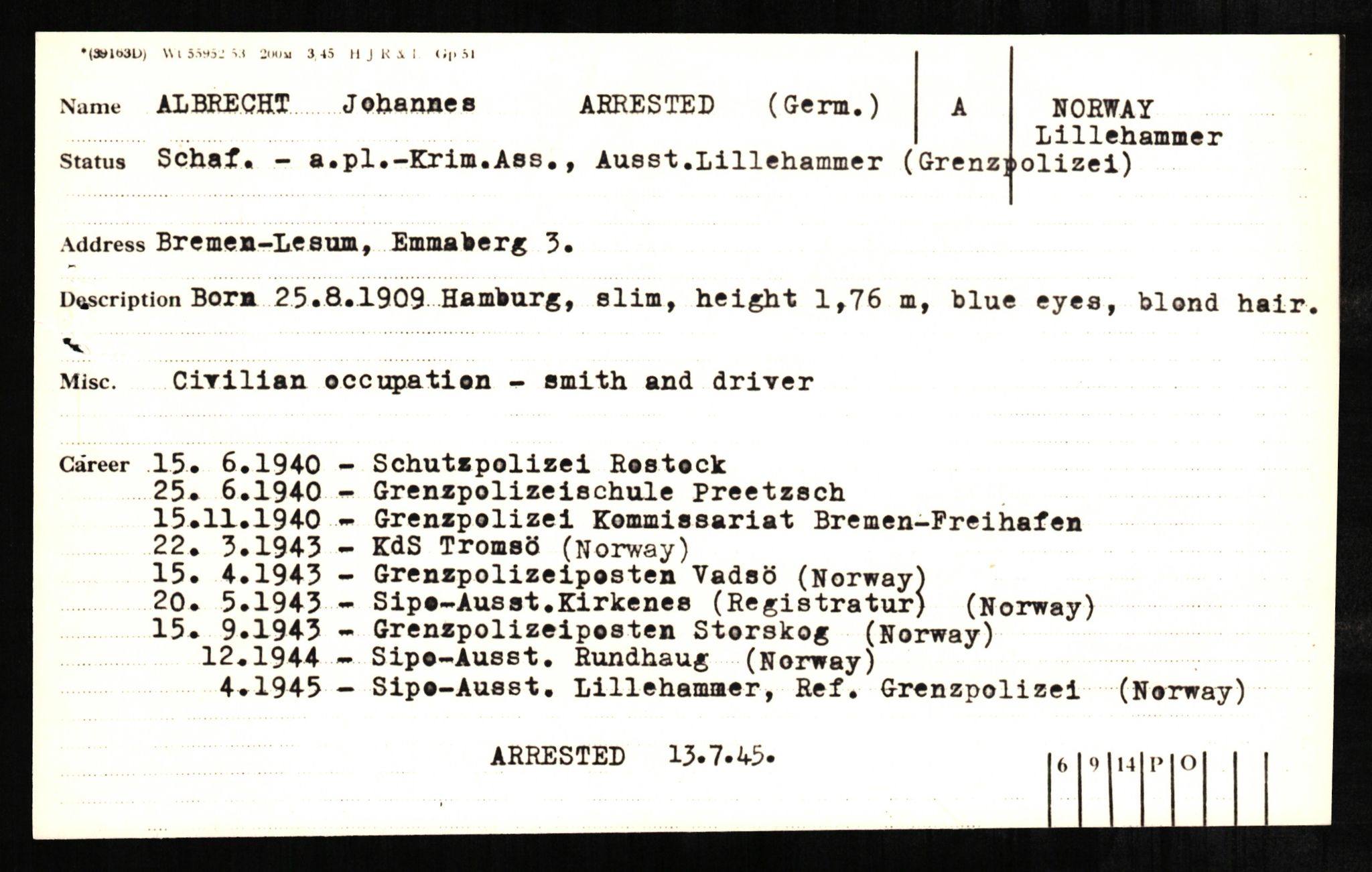 Forsvaret, Forsvarets overkommando II, AV/RA-RAFA-3915/D/Db/L0001: CI Questionaires. Tyske okkupasjonsstyrker i Norge. Tyskere., 1945-1946, p. 145