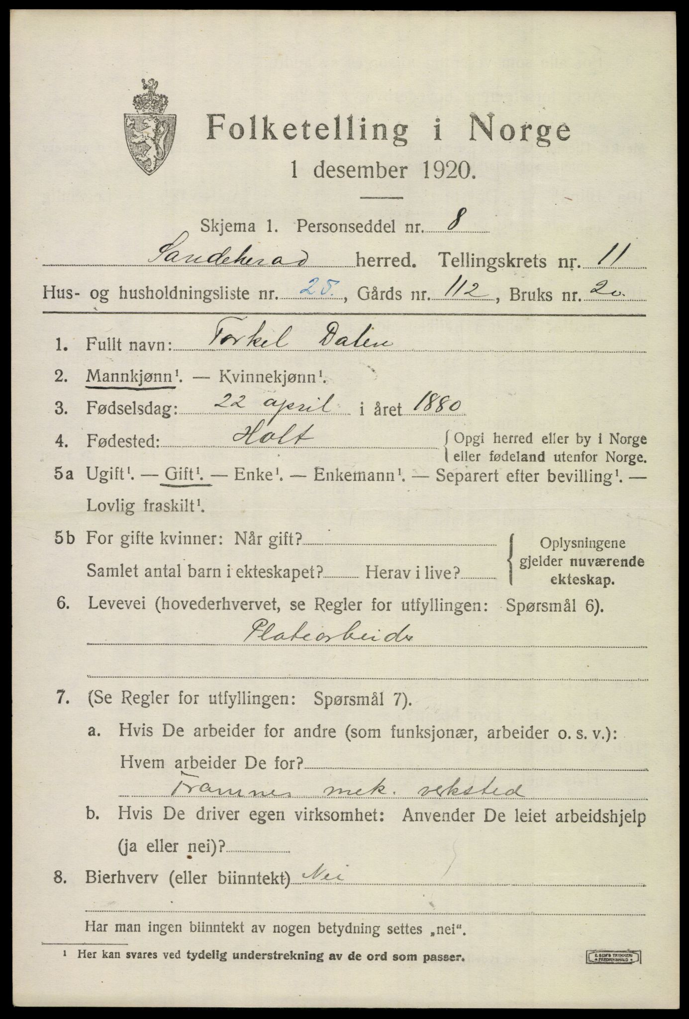 SAKO, 1920 census for Sandeherred, 1920, p. 15914