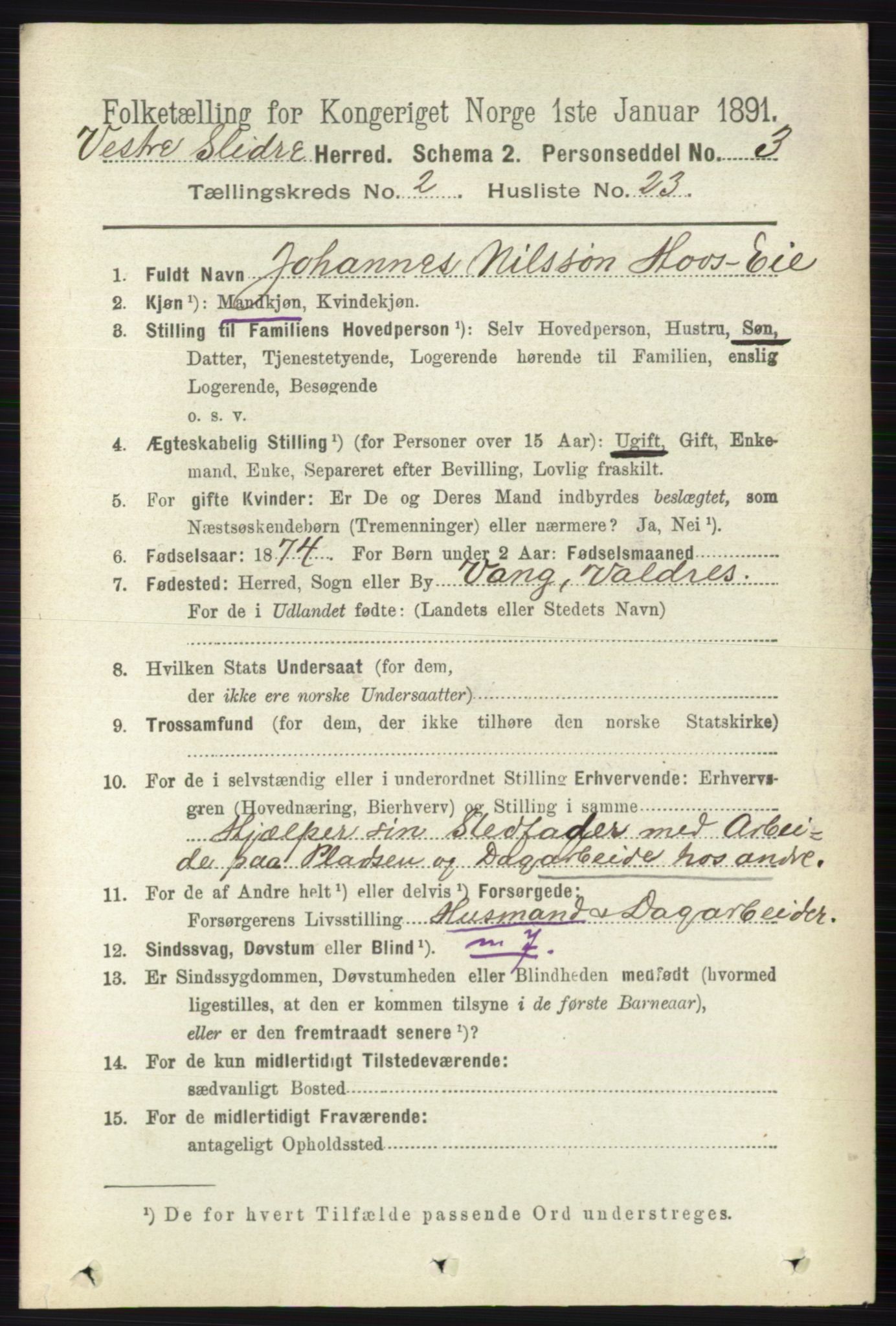 RA, 1891 census for 0543 Vestre Slidre, 1891, p. 656