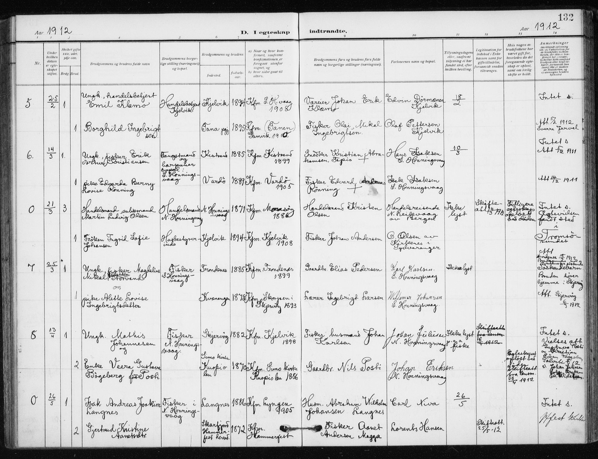 Kjelvik/Nordkapp sokneprestkontor, SATØ/S-1350/H/Ha/L0001kirke: Parish register (official) no. 1, 1911-1919, p. 132