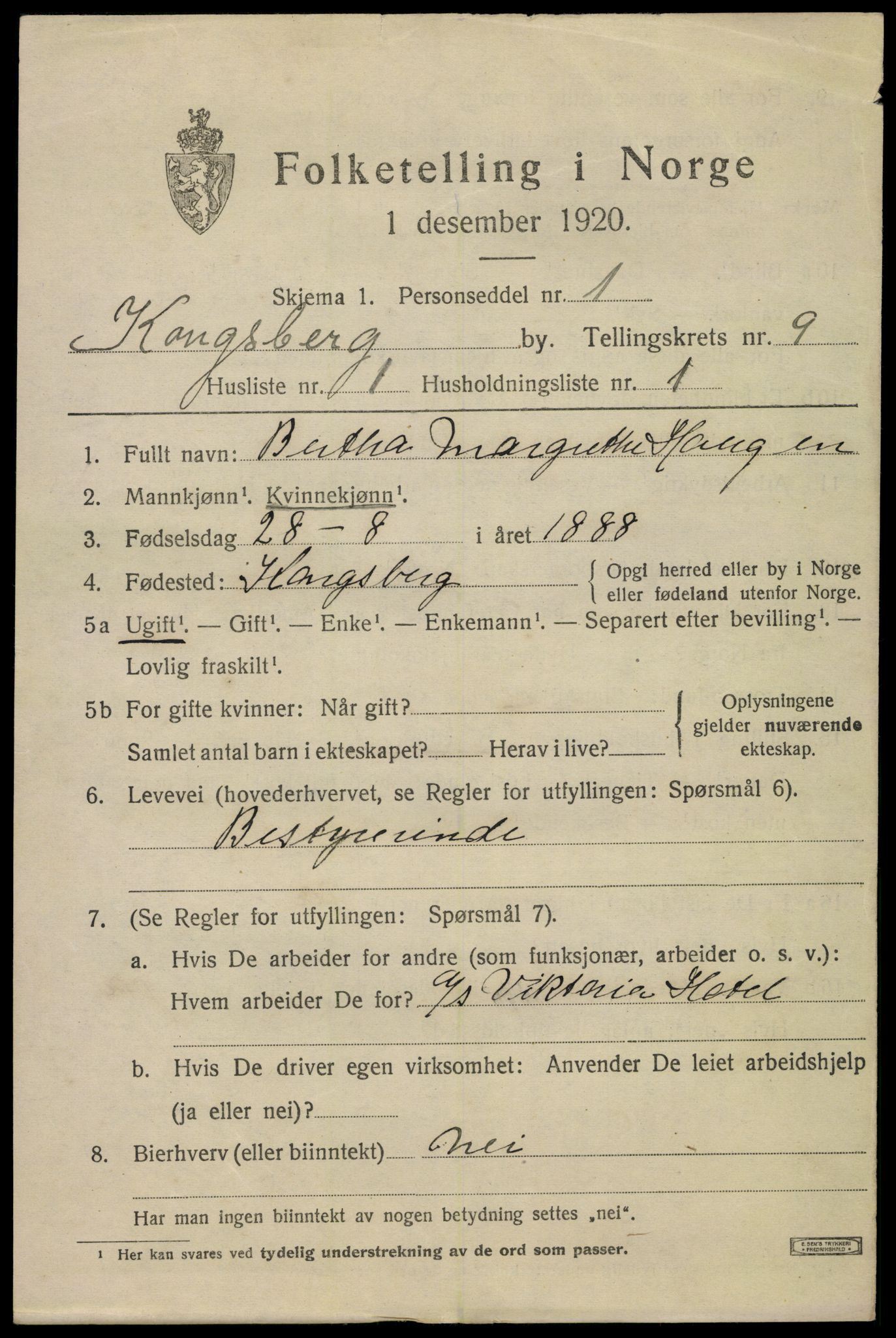SAKO, 1920 census for Kongsberg, 1920, p. 18392