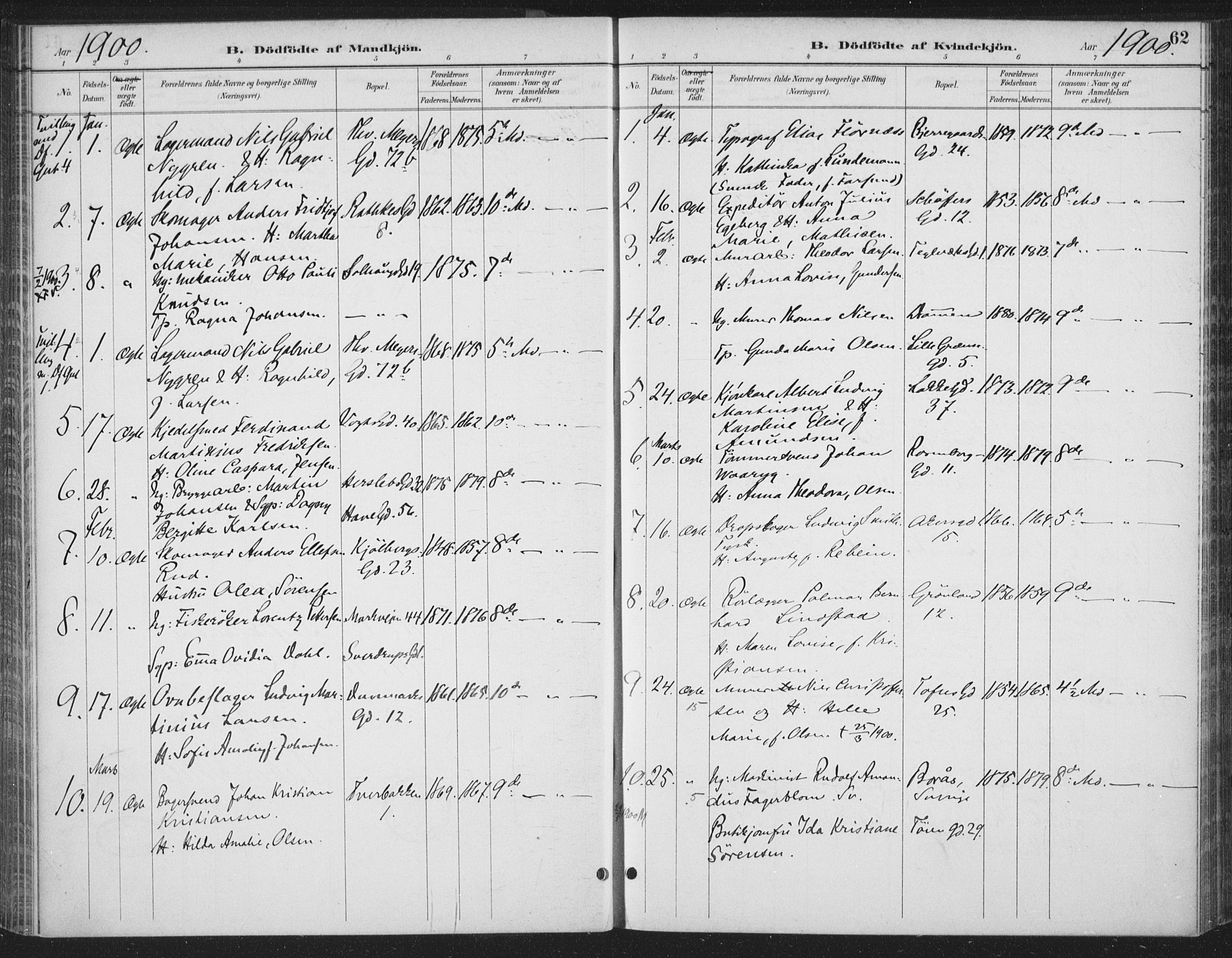 Rikshospitalet prestekontor Kirkebøker, AV/SAO-A-10309b/F/L0010: Parish register (official) no. 10, 1888-1912, p. 62