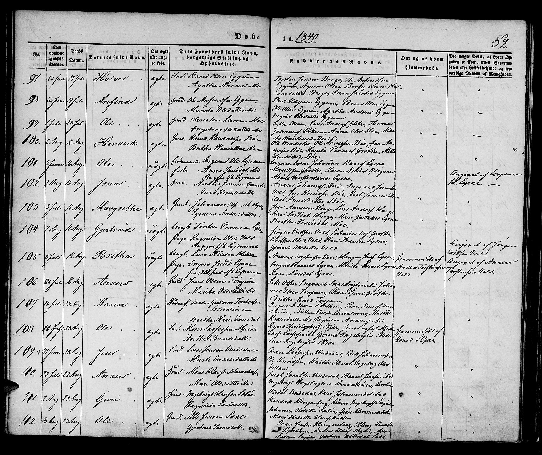 Lærdal sokneprestembete, AV/SAB-A-81201: Parish register (official) no. A 6, 1835-1849, p. 52