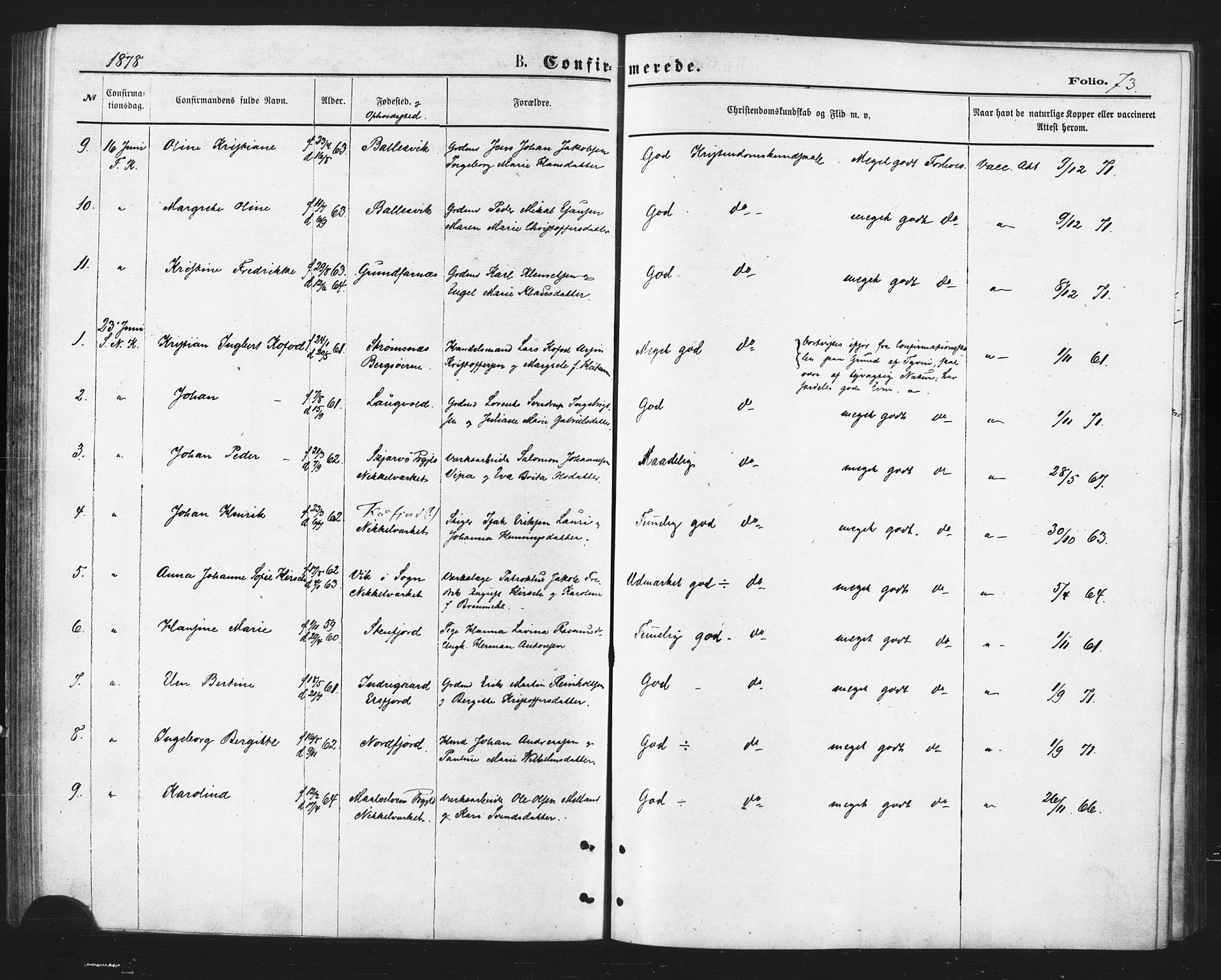 Berg sokneprestkontor, AV/SATØ-S-1318/G/Ga/Gaa/L0003kirke: Parish register (official) no. 3, 1872-1879, p. 73