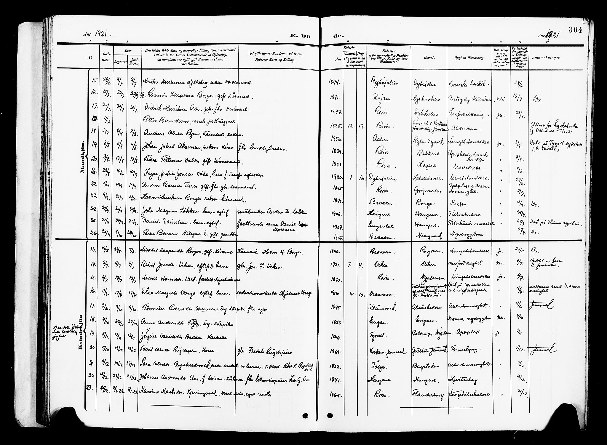 Ministerialprotokoller, klokkerbøker og fødselsregistre - Sør-Trøndelag, SAT/A-1456/681/L0942: Parish register (copy) no. 681C06, 1906-1925, p. 304