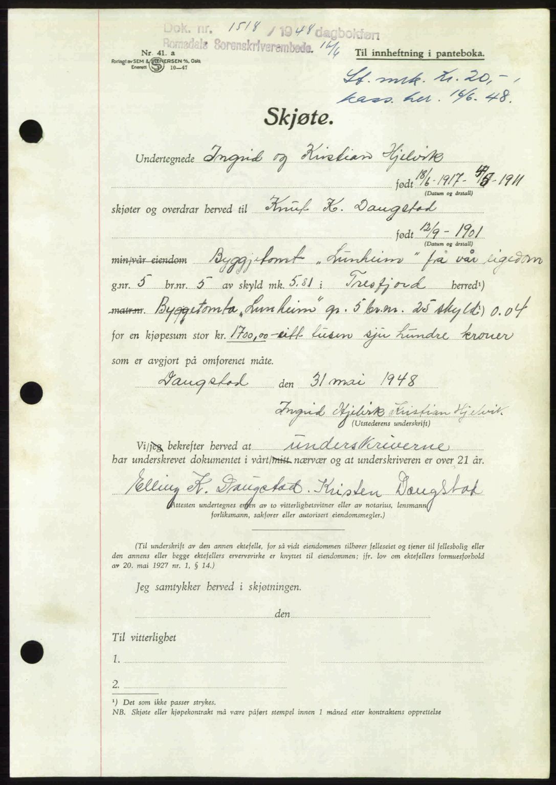 Romsdal sorenskriveri, AV/SAT-A-4149/1/2/2C: Mortgage book no. A26, 1948-1948, Diary no: : 1518/1948