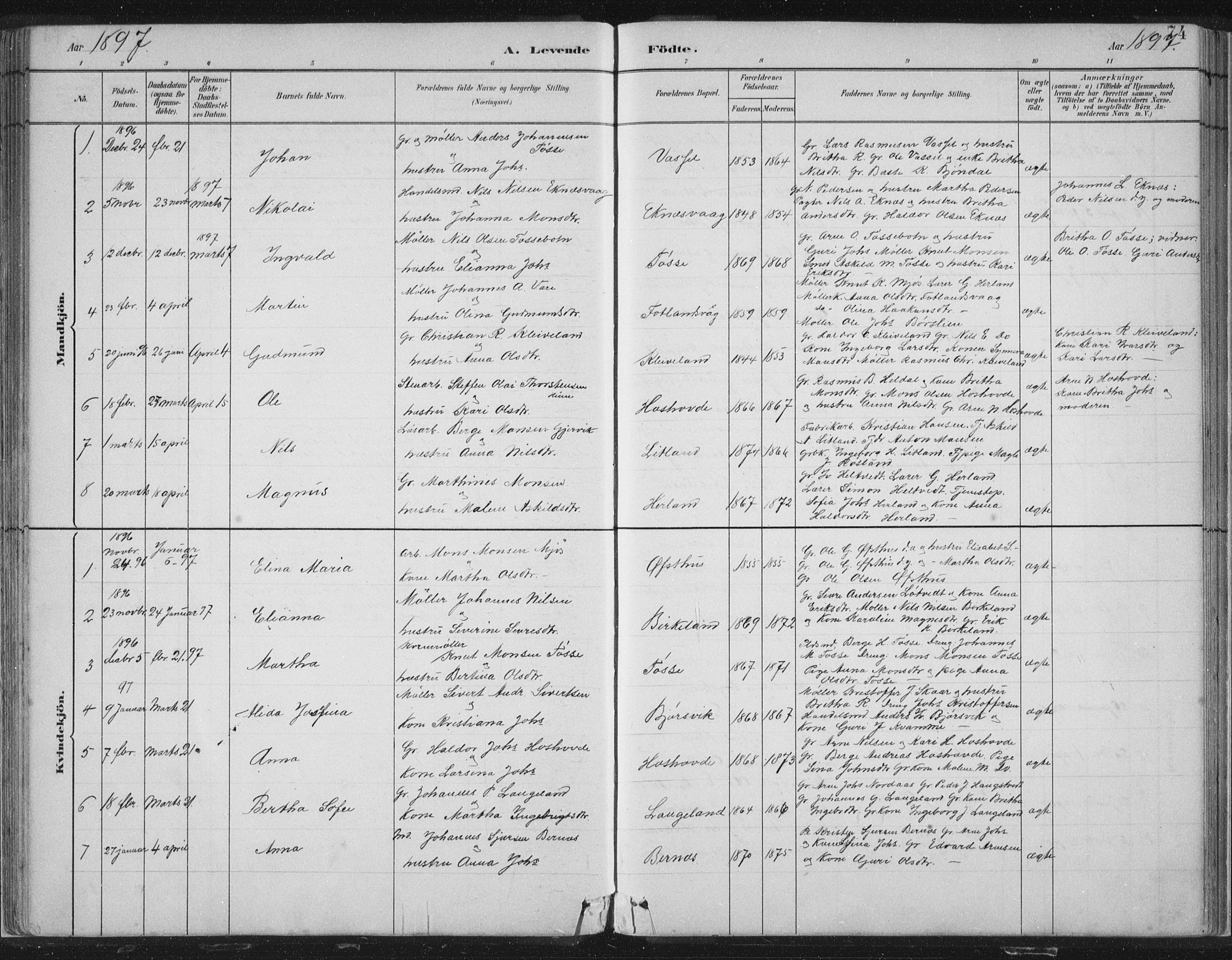 Hosanger sokneprestembete, SAB/A-75801/H/Hab: Parish register (copy) no. A 3 I, 1882-1903, p. 74