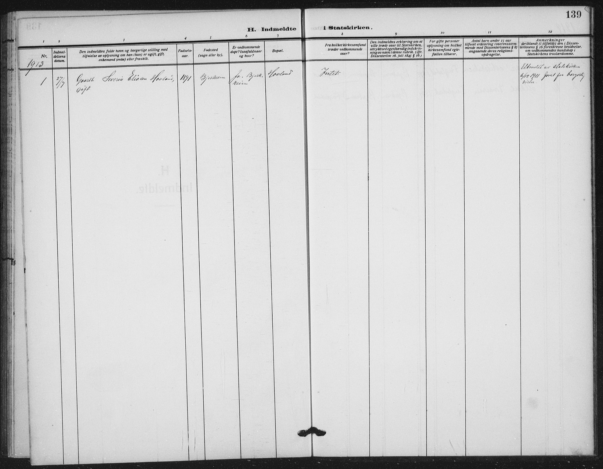 Helleland sokneprestkontor, AV/SAST-A-101810: Parish register (official) no. A 11, 1909-1922, p. 139