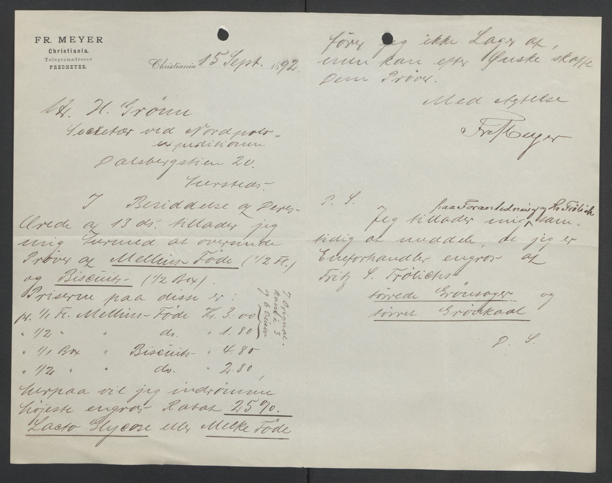 Arbeidskomitéen for Fridtjof Nansens polarekspedisjon, AV/RA-PA-0061/D/L0004: Innk. brev og telegrammer vedr. proviant og utrustning, 1892-1893, p. 365