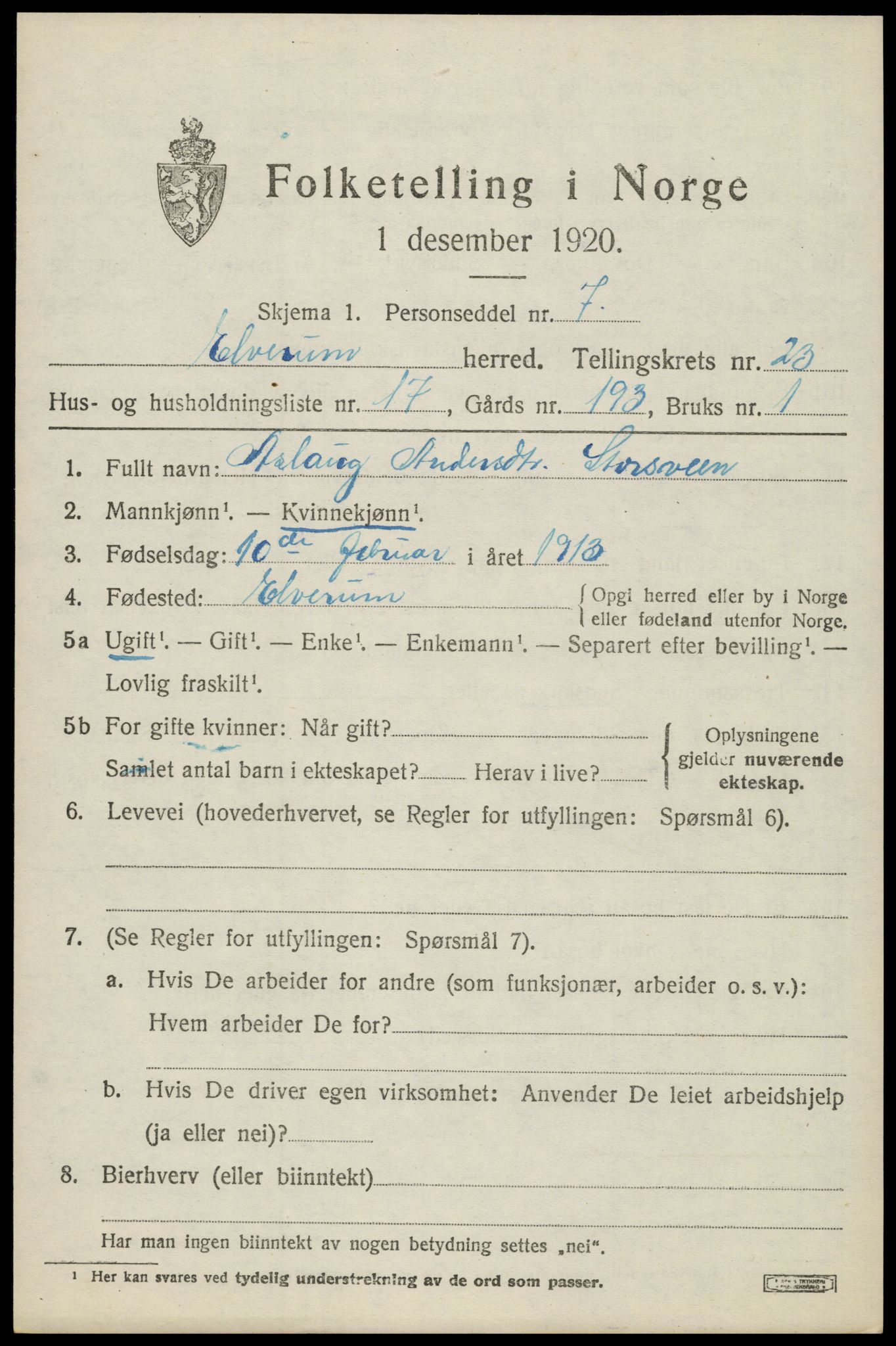 SAH, 1920 census for Elverum, 1920, p. 25382