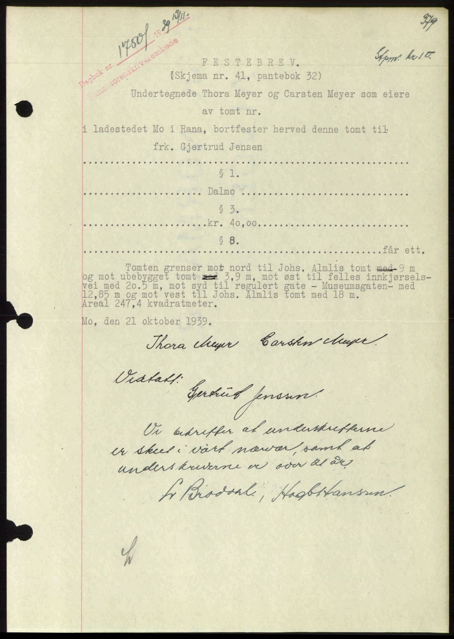 Rana sorenskriveri , SAT/A-1108/1/2/2C: Mortgage book no. A 6, 1939-1940, Diary no: : 1750/1939