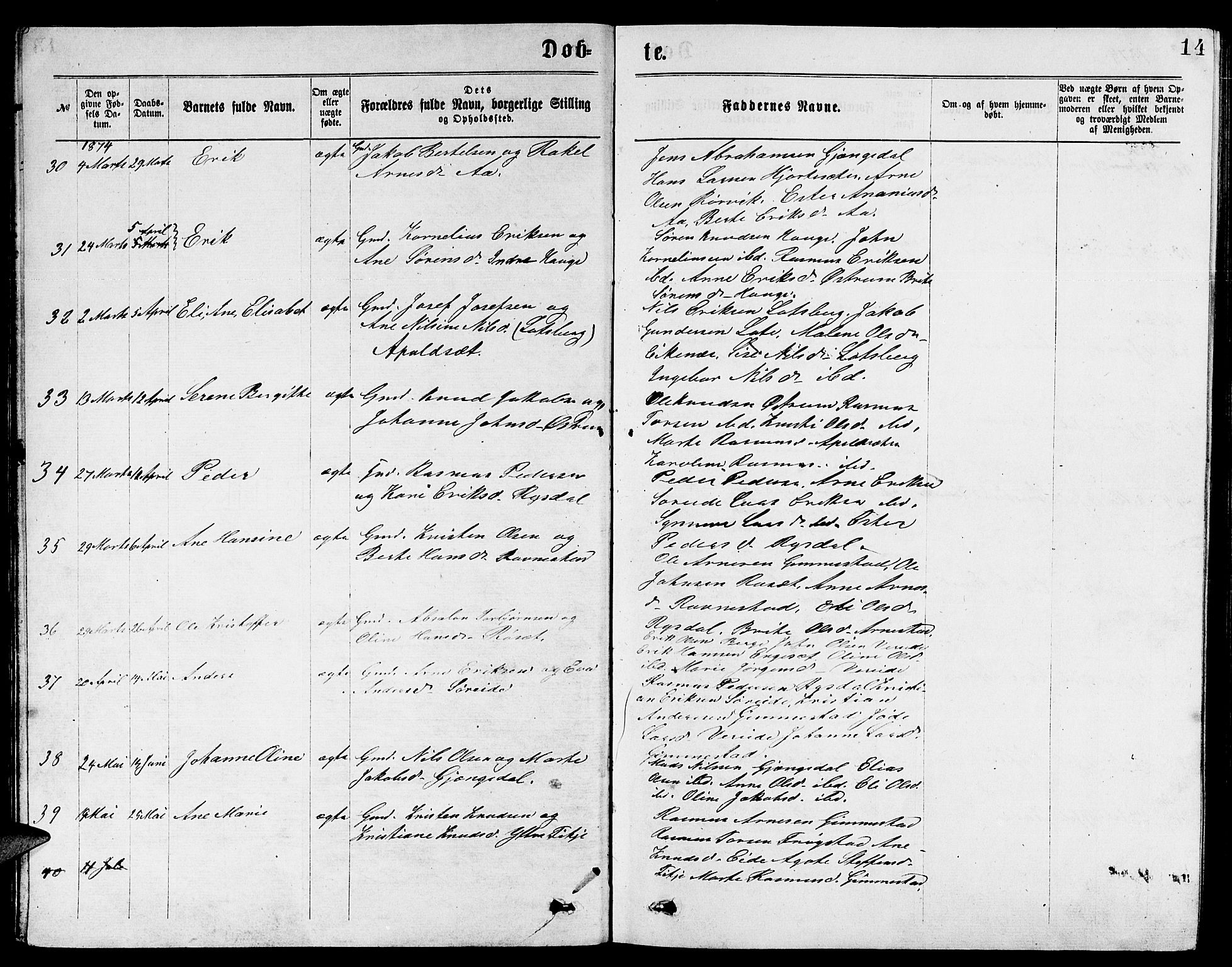 Gloppen sokneprestembete, SAB/A-80101/H/Hab/Habb/L0001: Parish register (copy) no. B 1, 1872-1888, p. 14