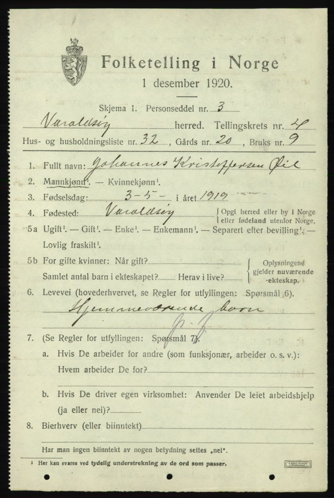 SAB, 1920 census for Varaldsøy, 1920, p. 1779