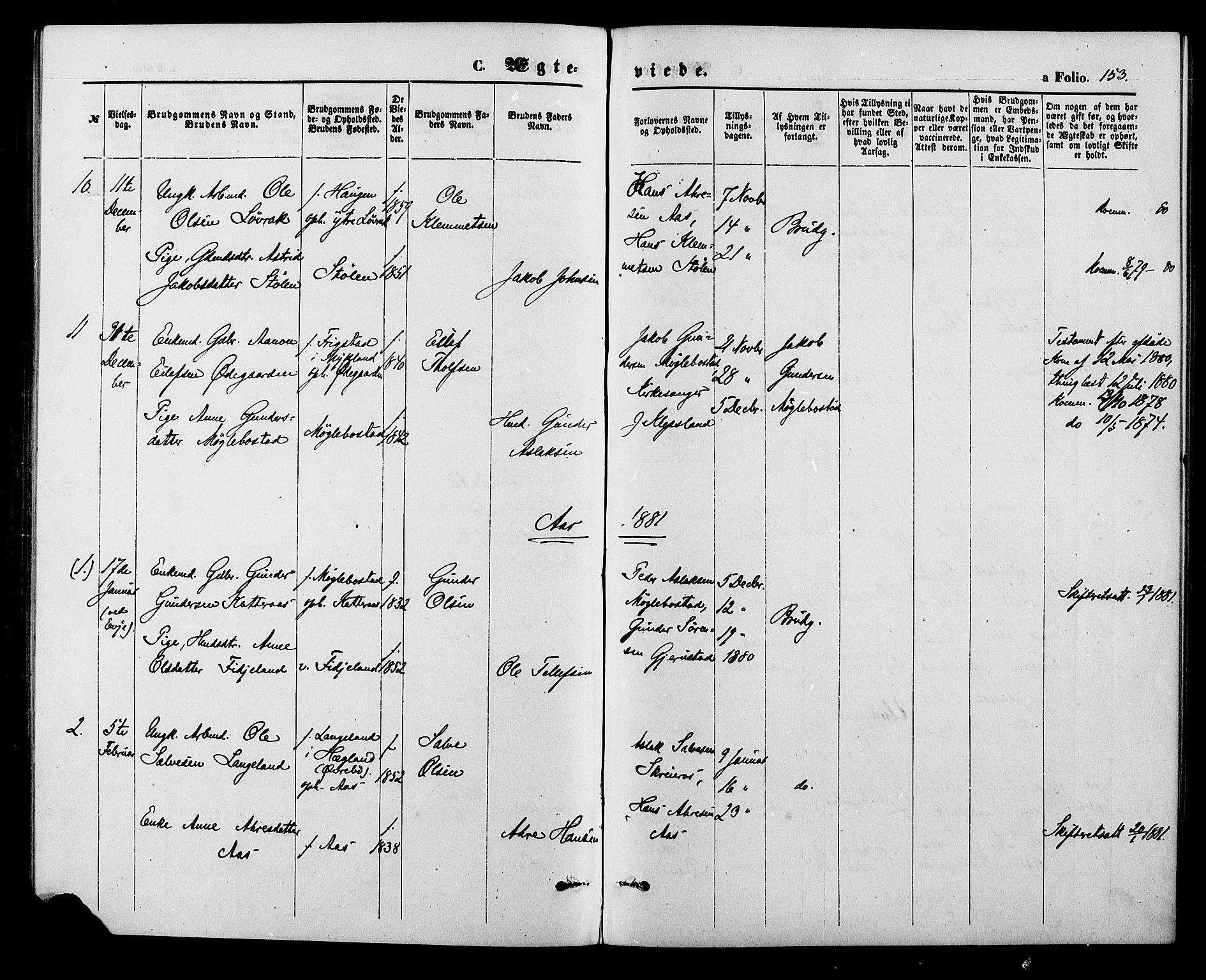 Herefoss sokneprestkontor, SAK/1111-0019/F/Fa/Fab/L0003: Parish register (official) no. A 3, 1875-1886, p. 153