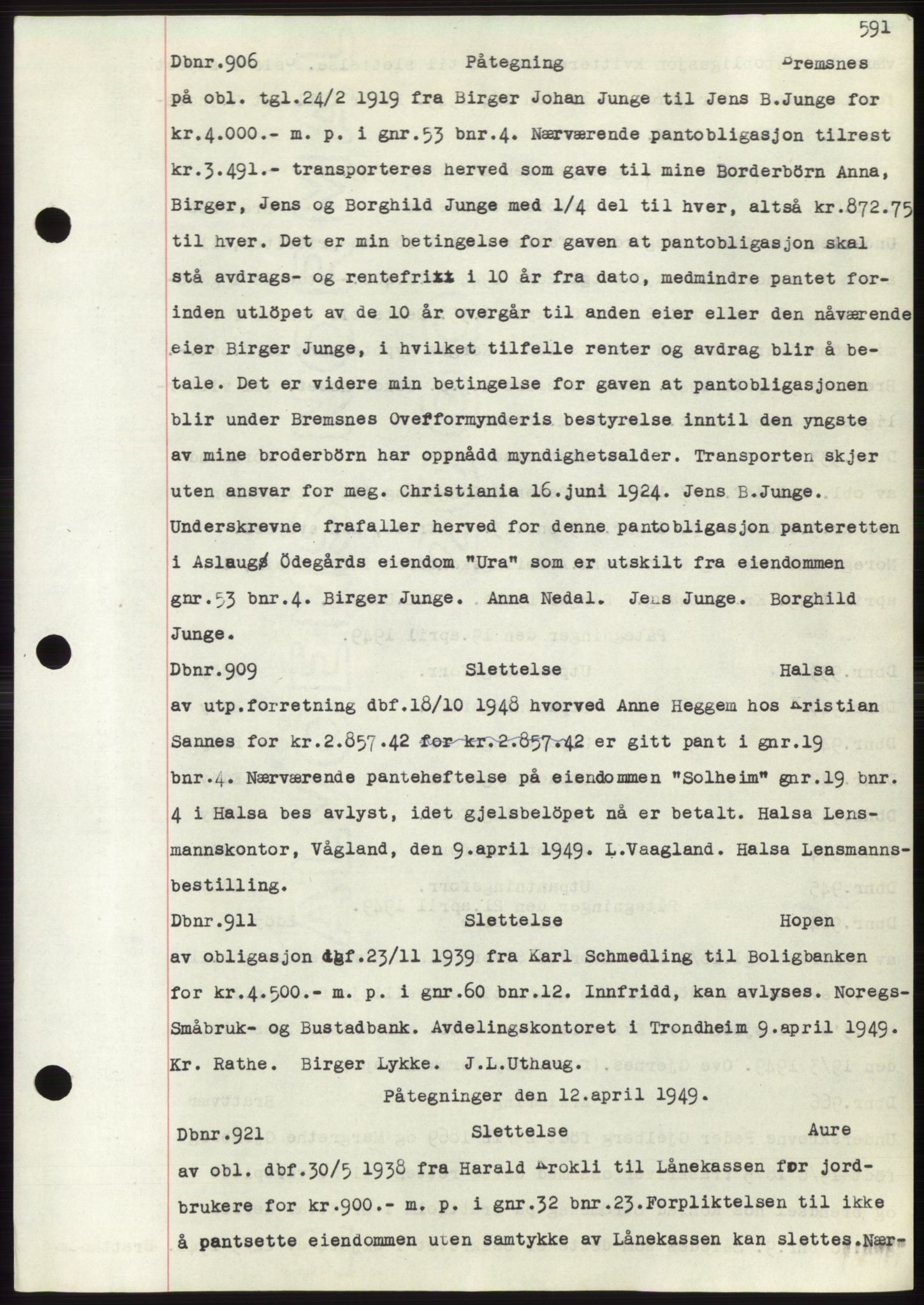 Nordmøre sorenskriveri, SAT/A-4132/1/2/2Ca: Mortgage book no. C82b, 1946-1951, Diary no: : 906/1949