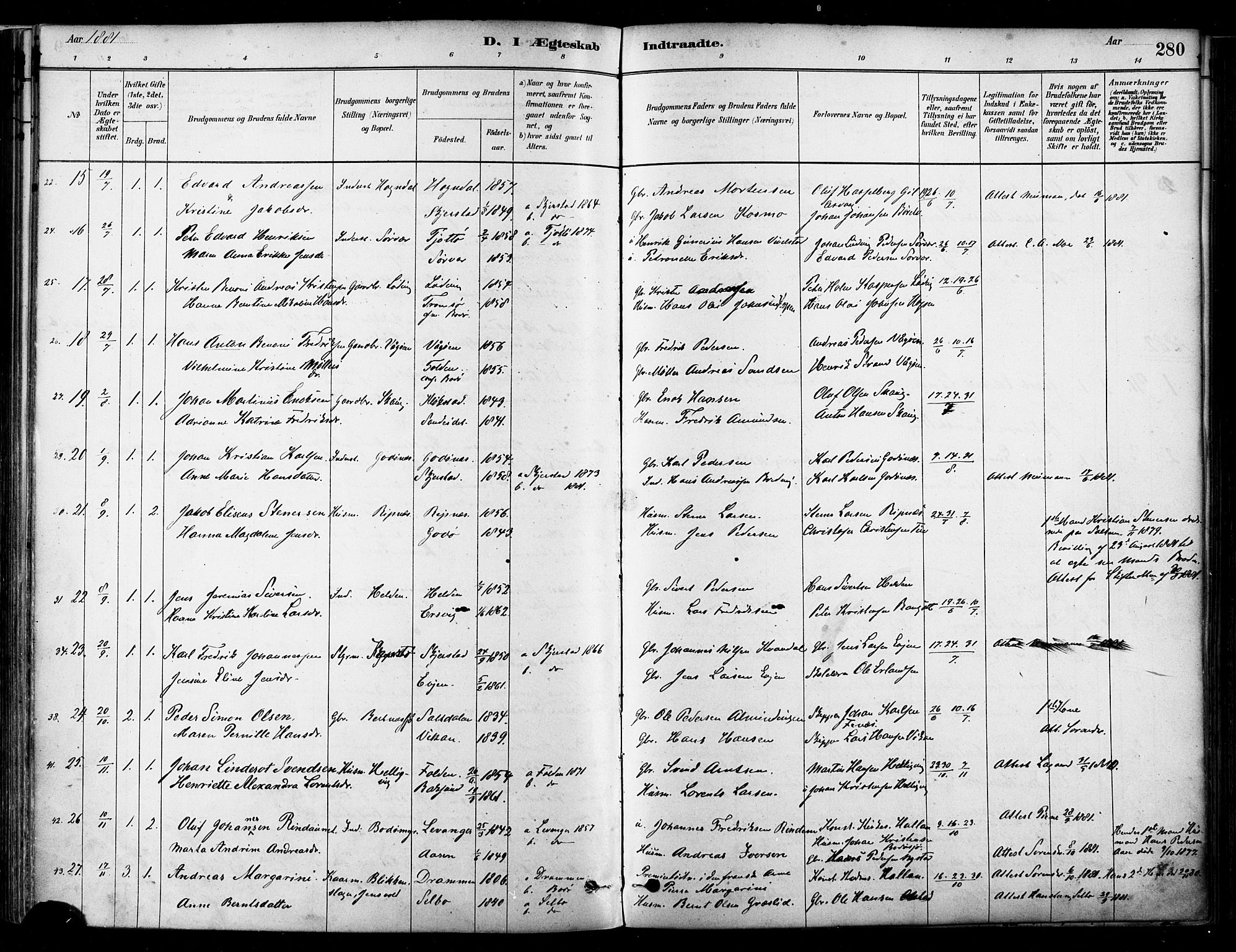 Ministerialprotokoller, klokkerbøker og fødselsregistre - Nordland, SAT/A-1459/802/L0054: Parish register (official) no. 802A01, 1879-1893, p. 280