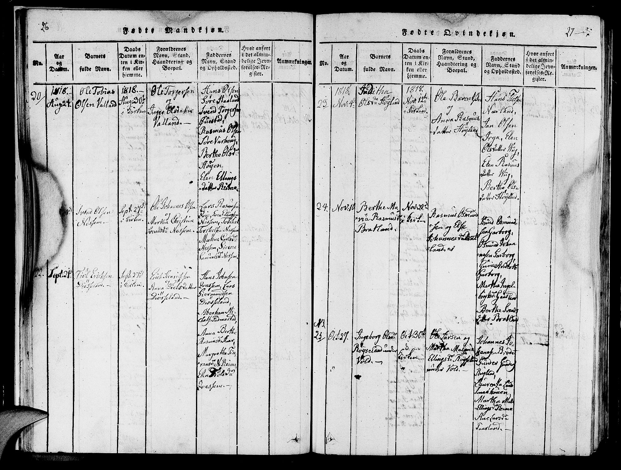 Hå sokneprestkontor, AV/SAST-A-101801/001/30BA/L0003: Parish register (official) no. A 3, 1815-1825, p. 26-27