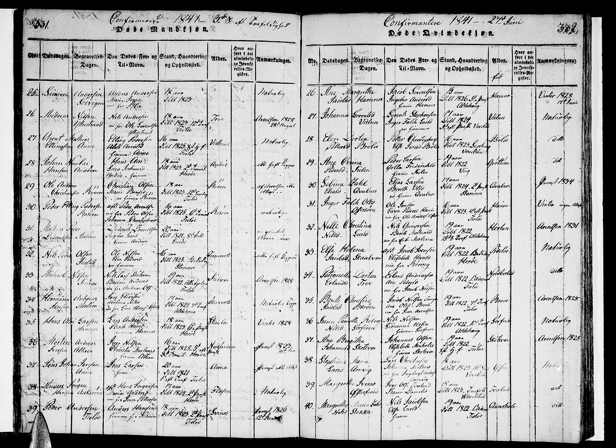 Ministerialprotokoller, klokkerbøker og fødselsregistre - Nordland, AV/SAT-A-1459/830/L0457: Parish register (copy) no. 830C01 /1, 1820-1842, p. 331-332