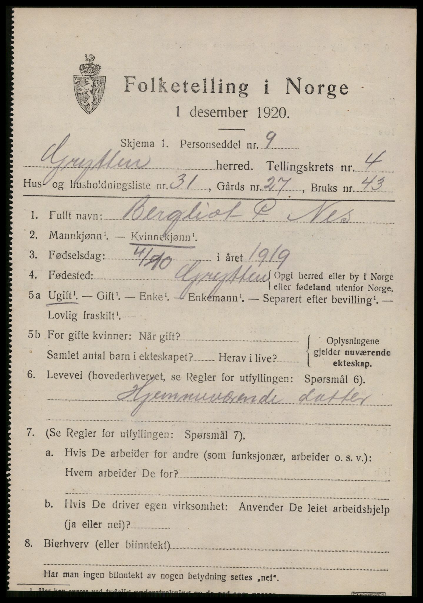 SAT, 1920 census for Grytten, 1920, p. 3164