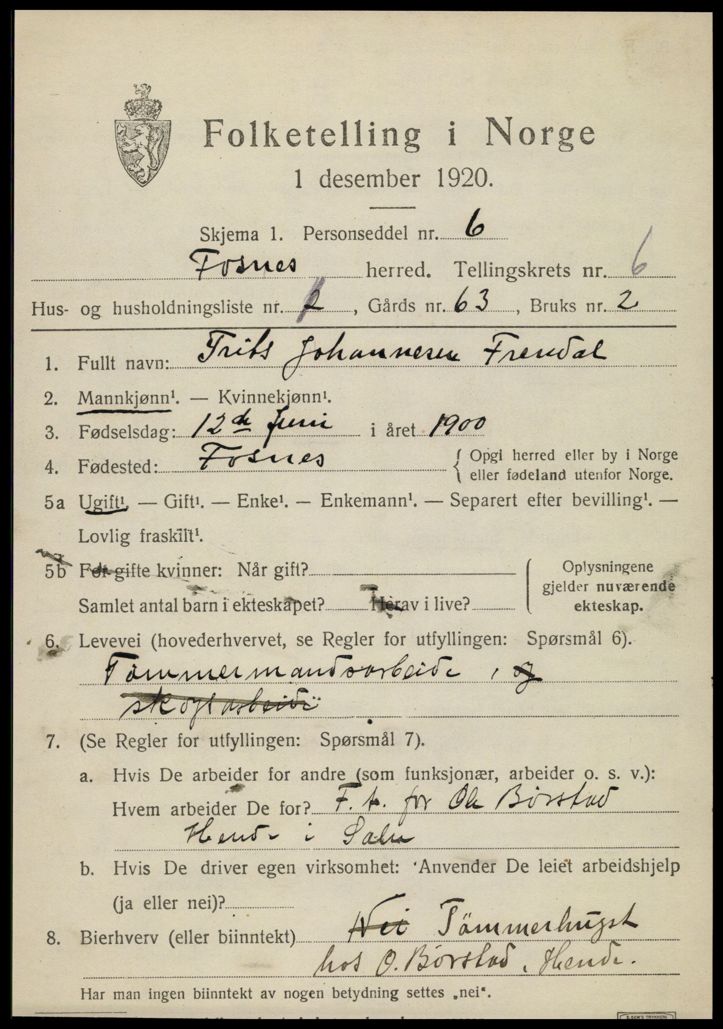 SAT, 1920 census for Fosnes, 1920, p. 2581