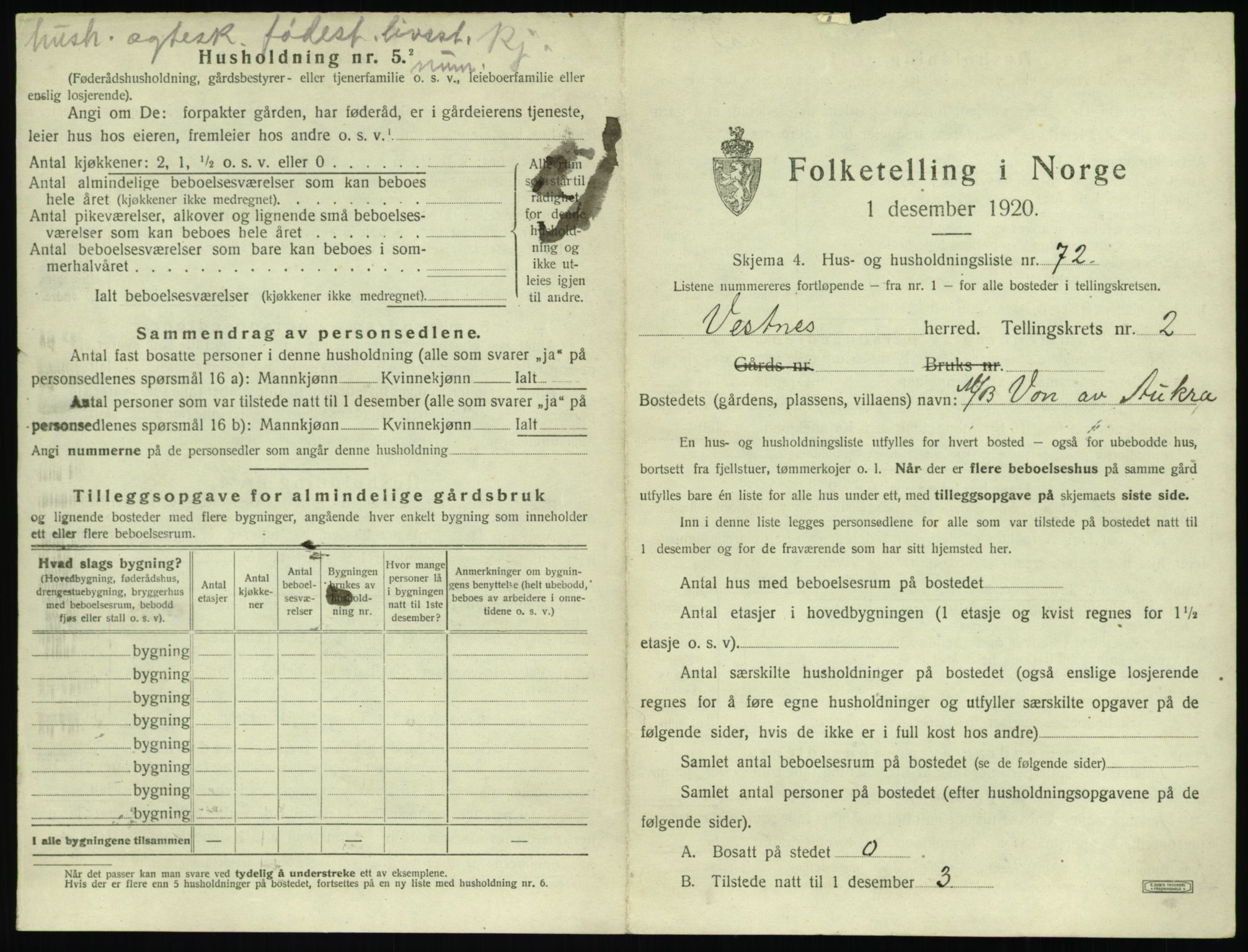 SAT, 1920 census for Vestnes, 1920, p. 307