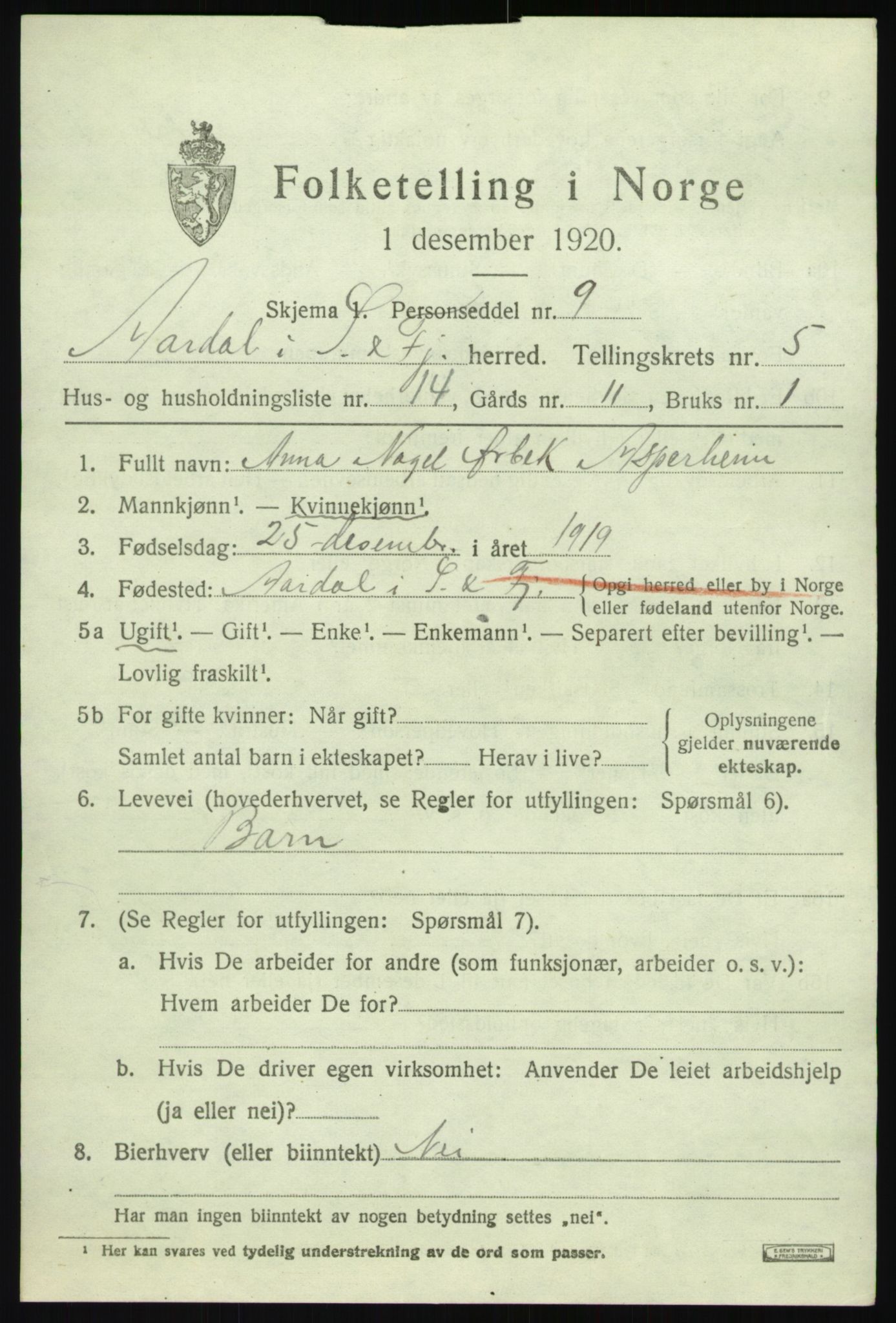 SAB, 1920 census for Årdal, 1920, p. 2977