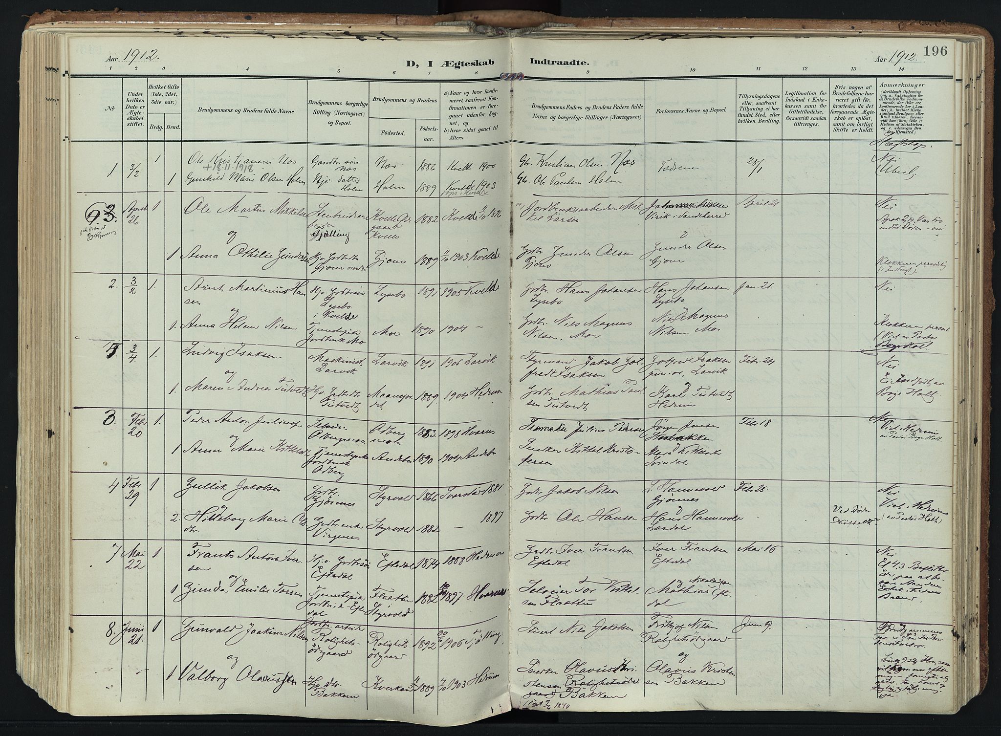 Hedrum kirkebøker, SAKO/A-344/F/Fa/L0010: Parish register (official) no. I 10, 1904-1918, p. 196