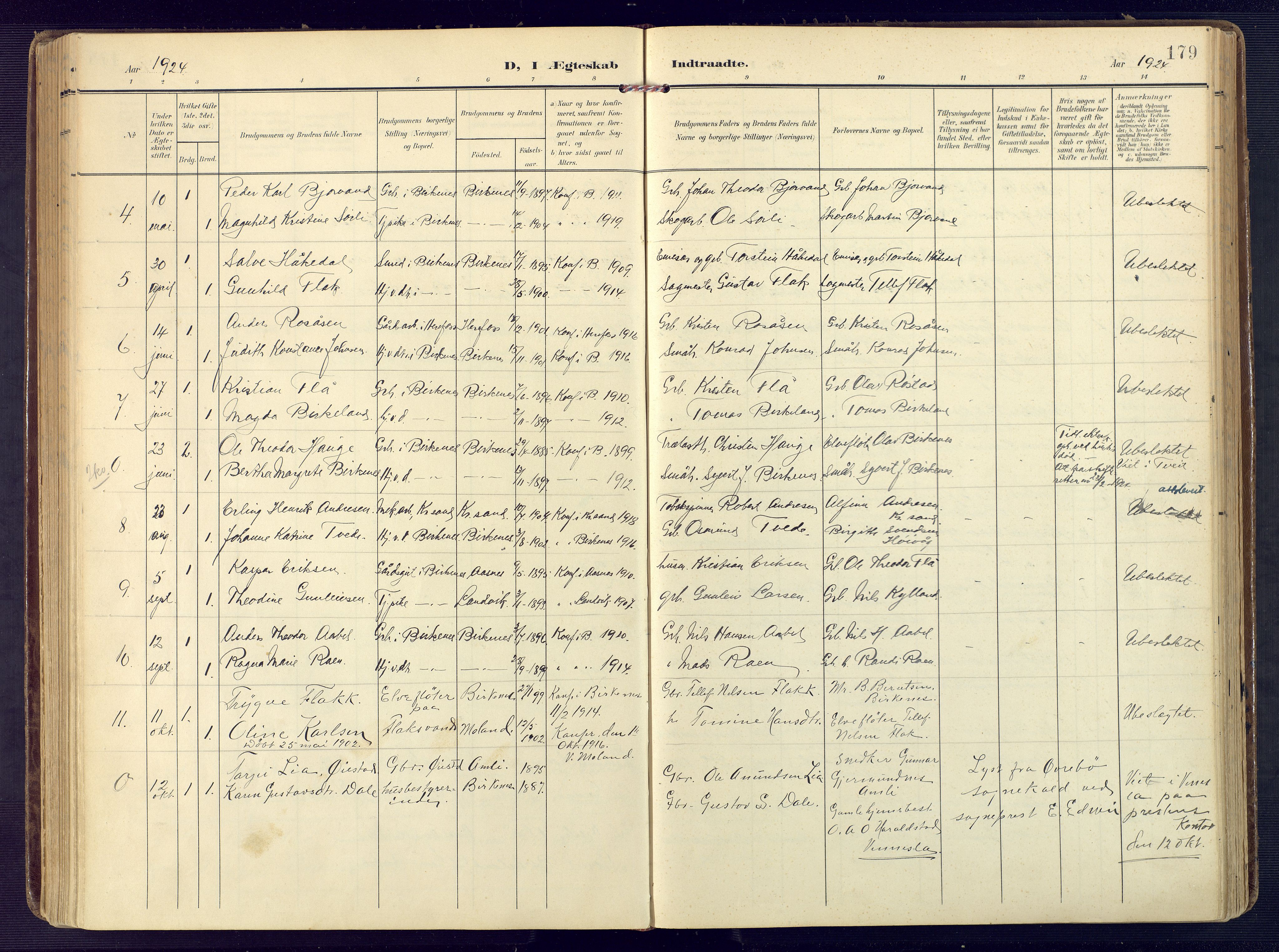Birkenes sokneprestkontor, SAK/1111-0004/F/Fa/L0006: Parish register (official) no. A 6, 1908-1932, p. 179