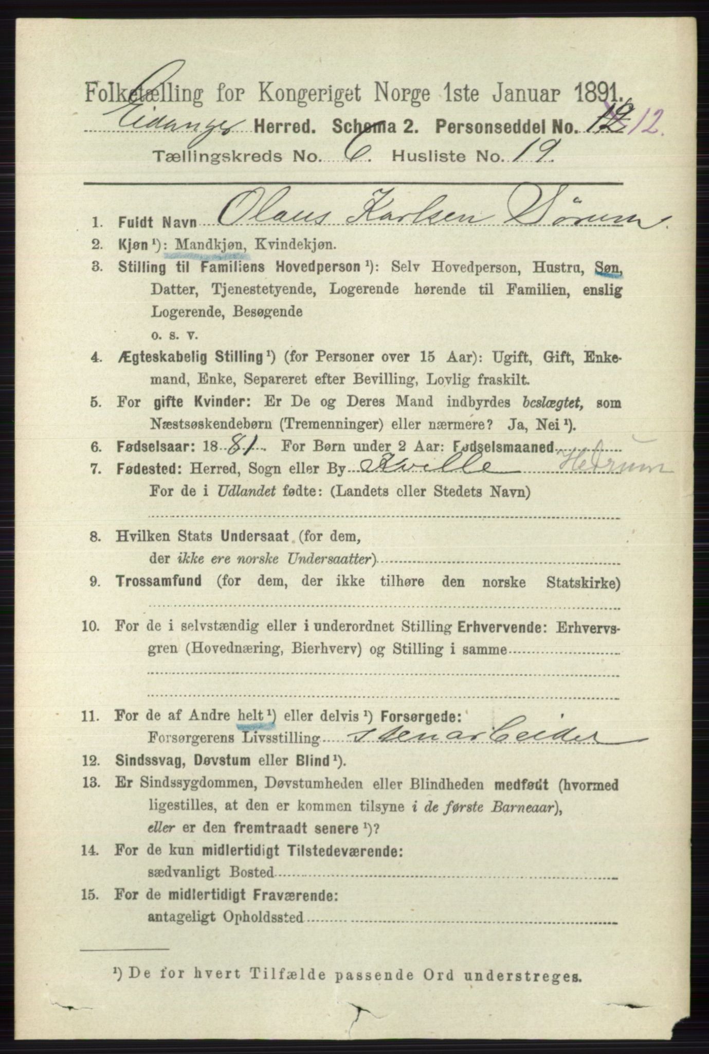 RA, 1891 census for 0813 Eidanger, 1891, p. 2712