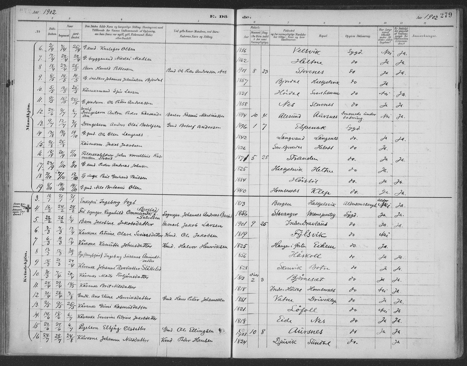 Ministerialprotokoller, klokkerbøker og fødselsregistre - Møre og Romsdal, AV/SAT-A-1454/511/L0142: Parish register (official) no. 511A09, 1891-1905, p. 279