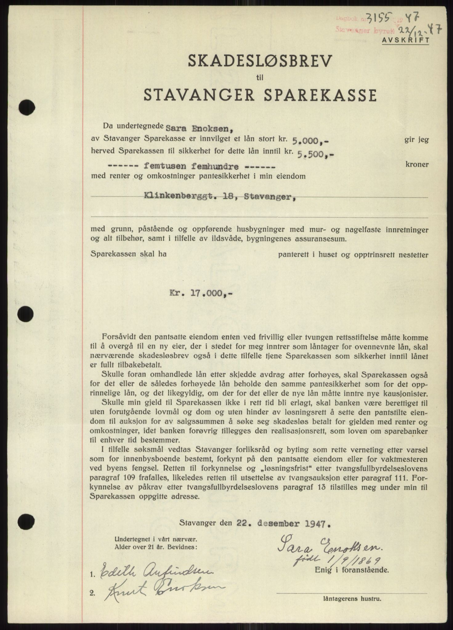 Stavanger byrett, SAST/A-100455/002/G/Gb/L0032: Mortgage book, 1947-1950, Diary no: : 3155/1947