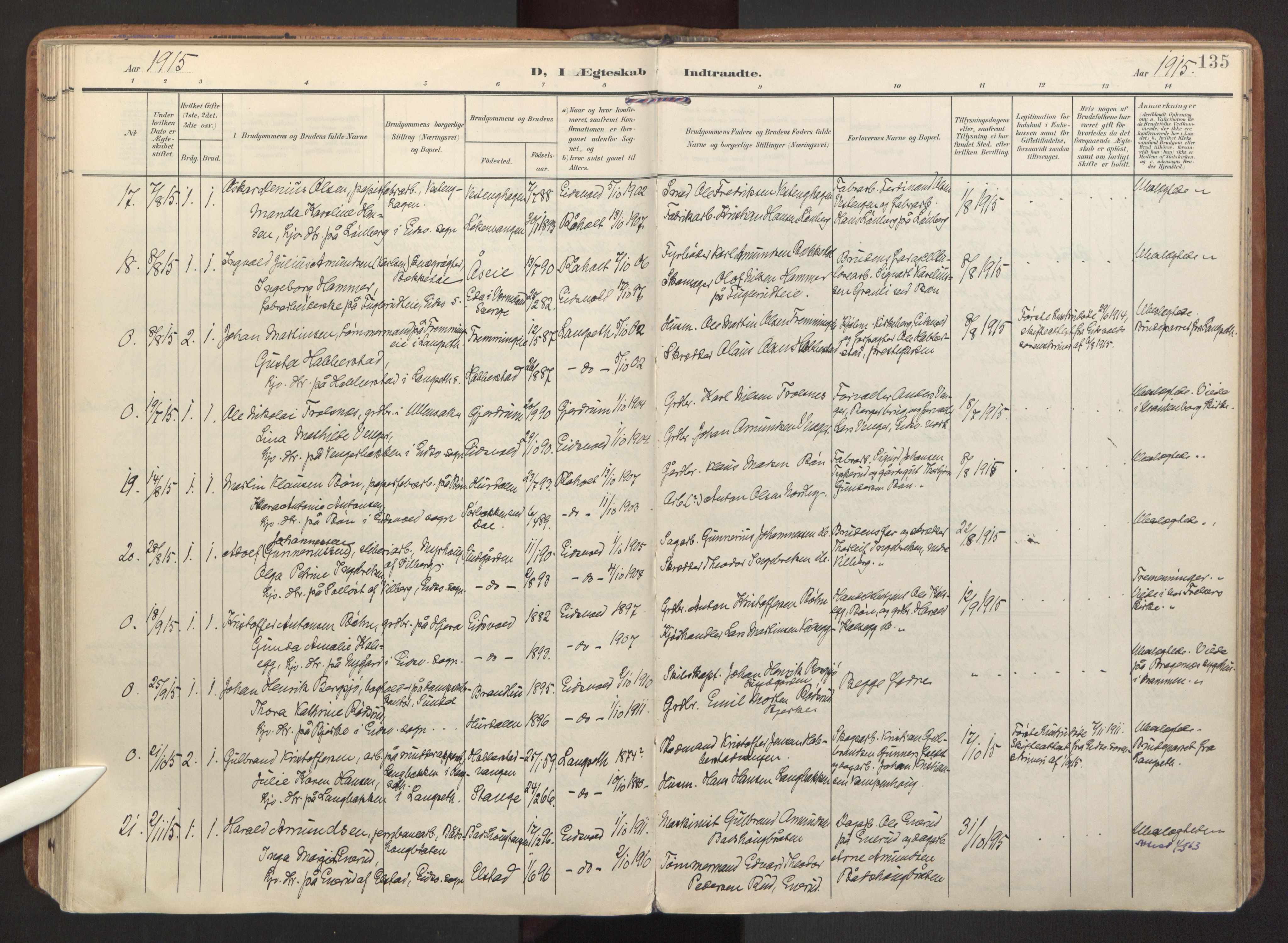 Eidsvoll prestekontor Kirkebøker, AV/SAO-A-10888/F/Fa/L0007: Parish register (official) no. I 7, 1905-1920, p. 135