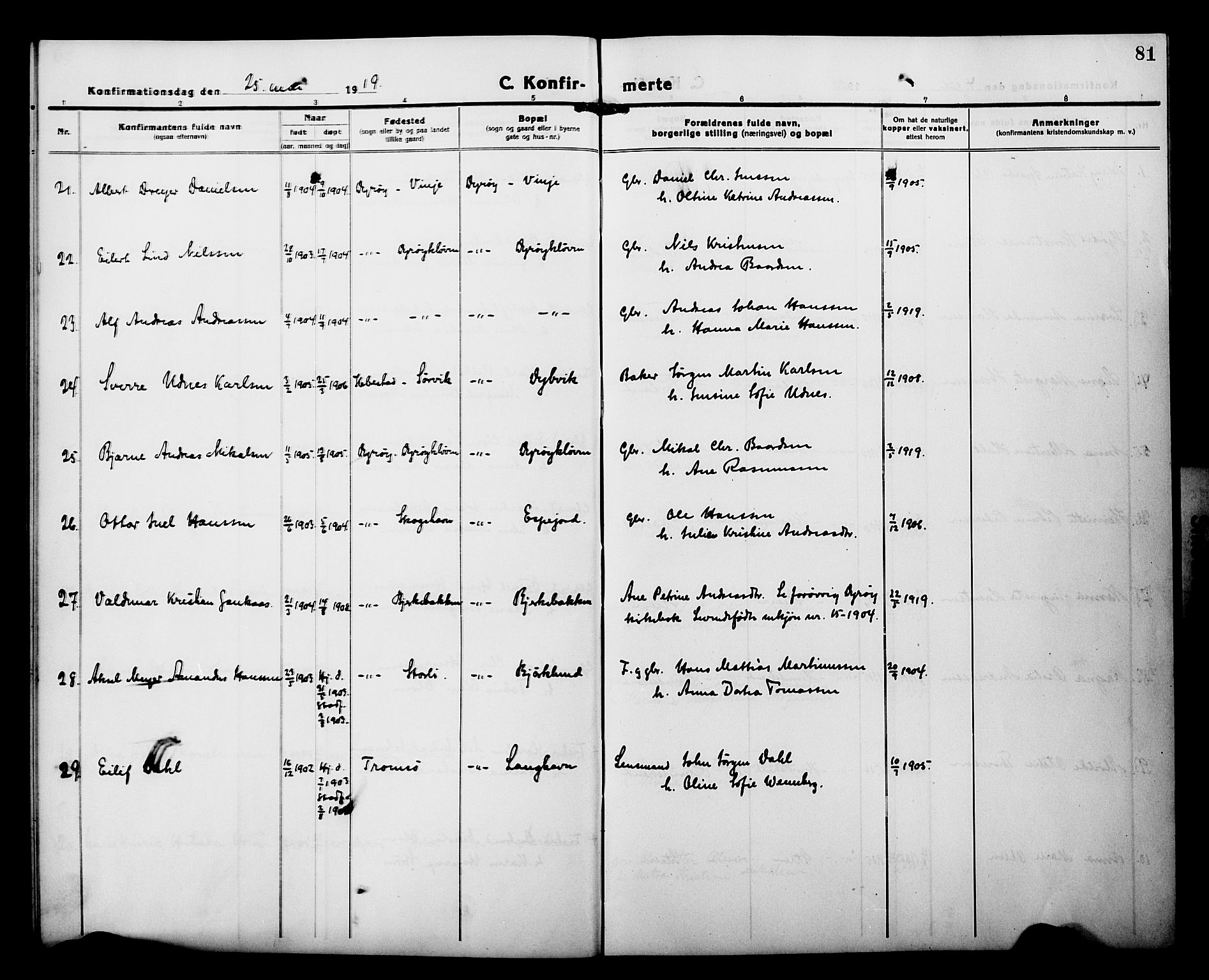 Tranøy sokneprestkontor, AV/SATØ-S-1313/I/Ia/Iab/L0015klokker: Parish register (copy) no. 15, 1918-1930, p. 81