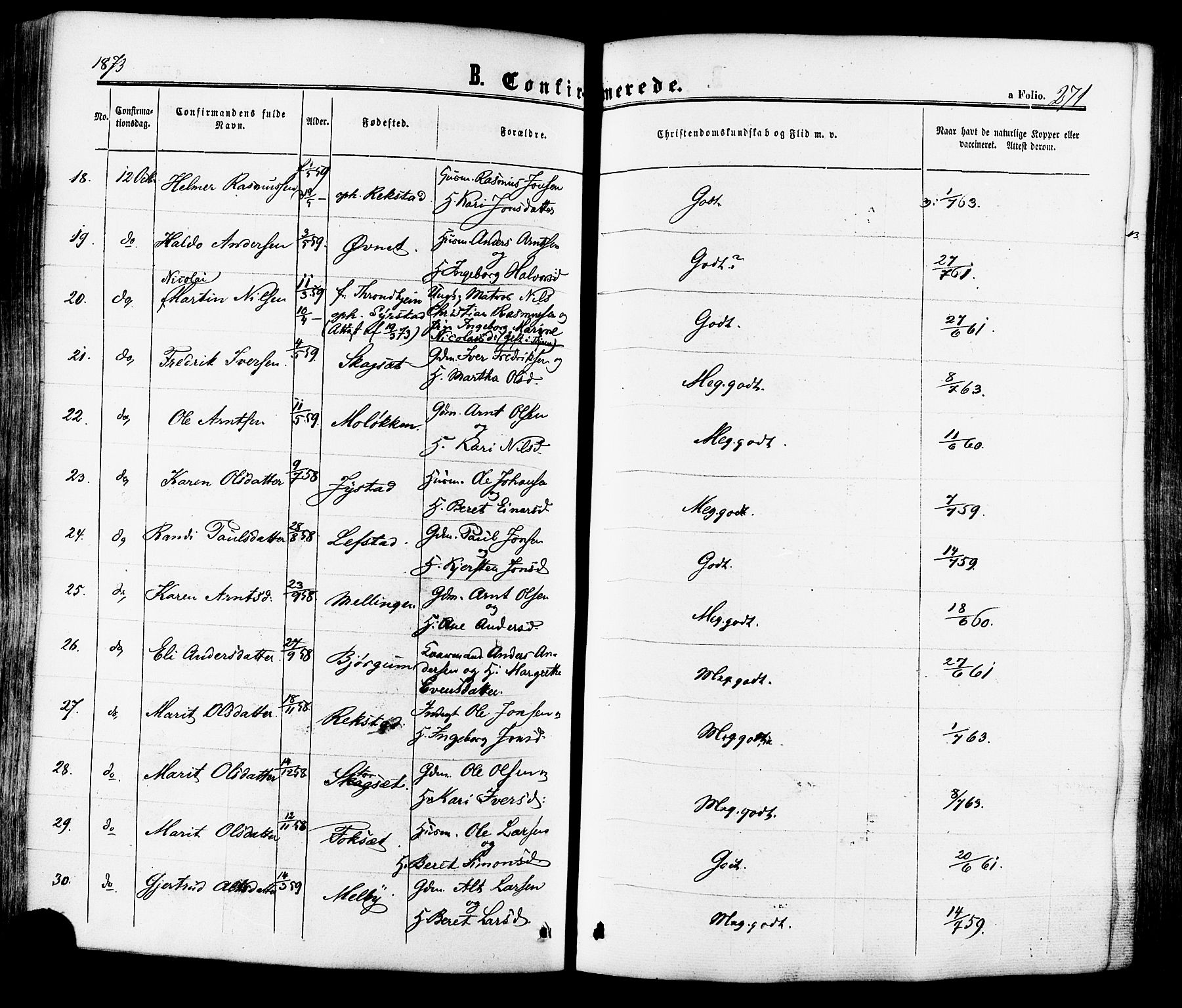 Ministerialprotokoller, klokkerbøker og fødselsregistre - Sør-Trøndelag, AV/SAT-A-1456/665/L0772: Parish register (official) no. 665A07, 1856-1878, p. 271