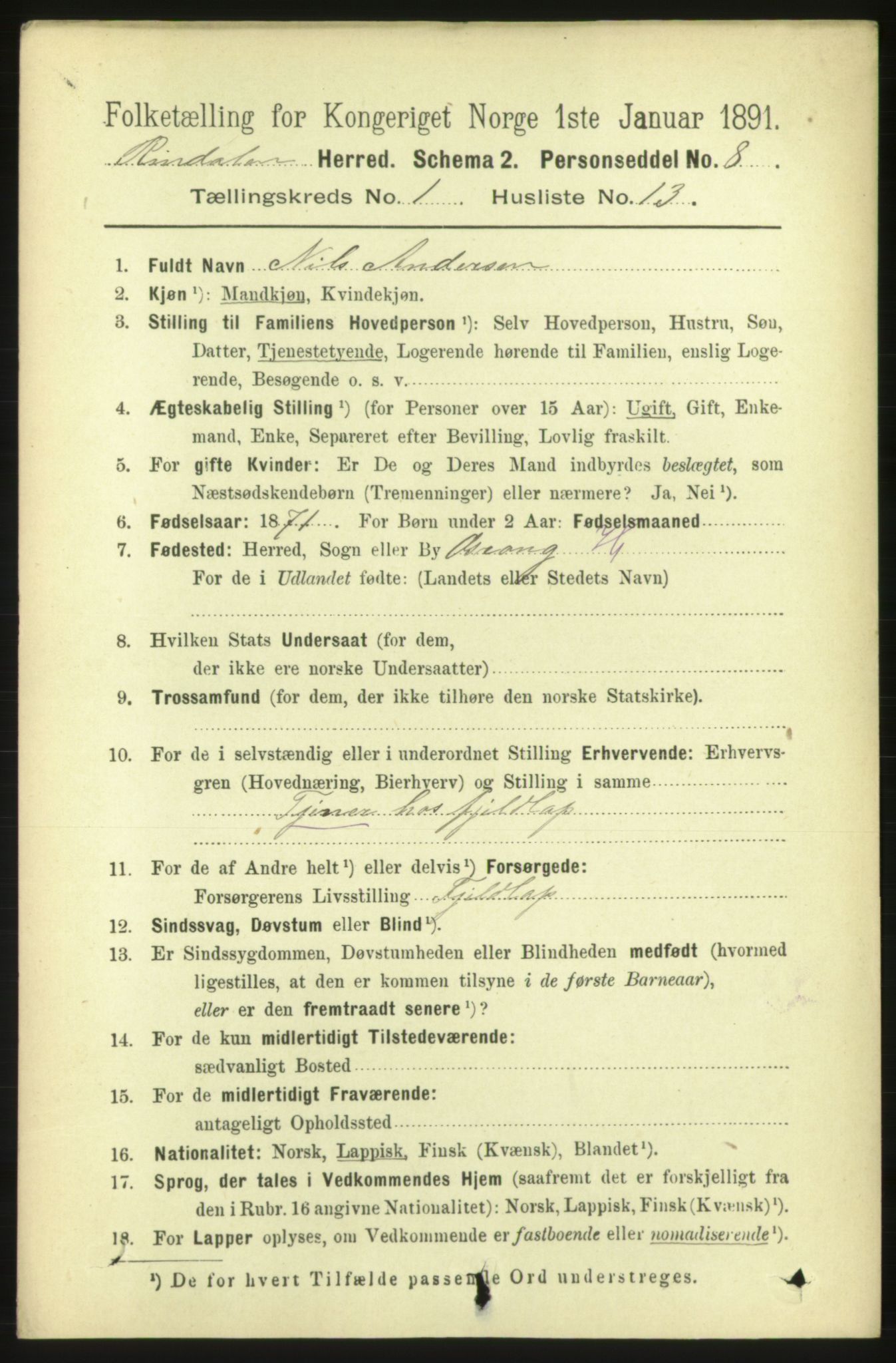 RA, 1891 census for 1567 Rindal, 1891, p. 137