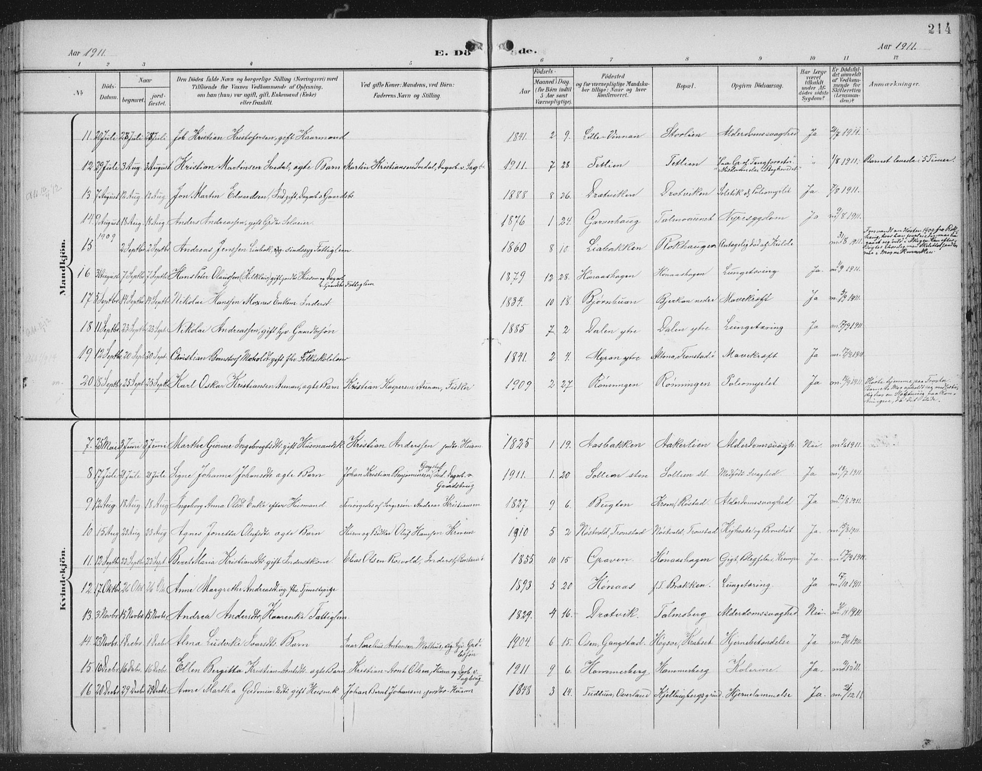 Ministerialprotokoller, klokkerbøker og fødselsregistre - Nord-Trøndelag, SAT/A-1458/701/L0011: Parish register (official) no. 701A11, 1899-1915, p. 214