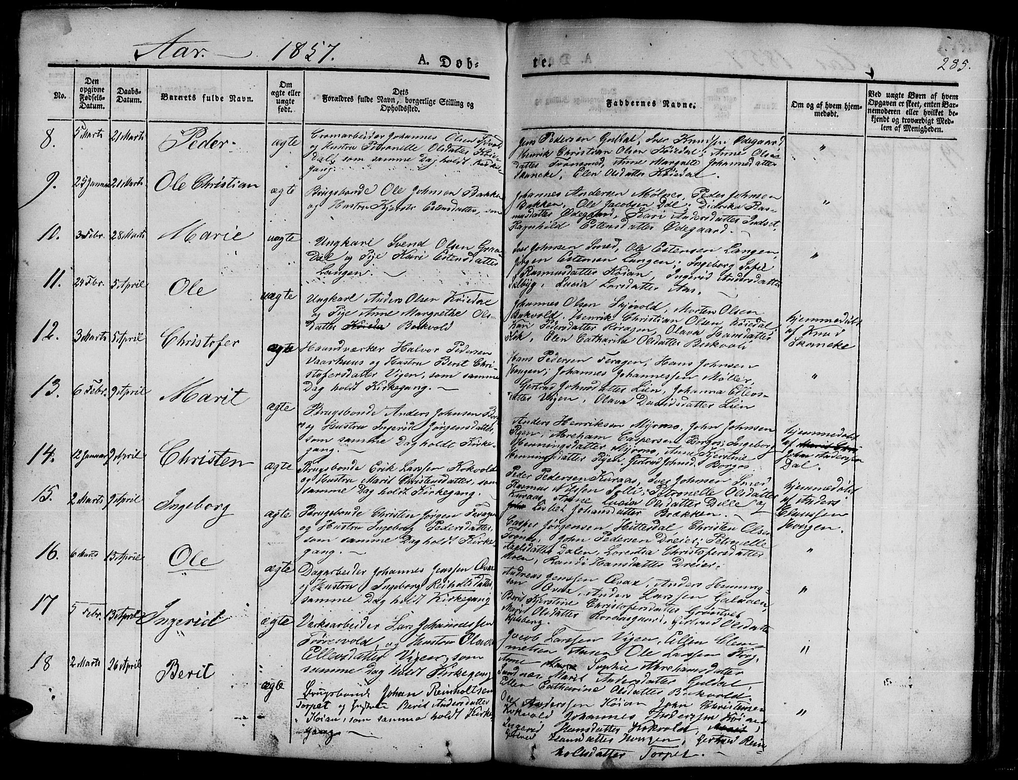 Ministerialprotokoller, klokkerbøker og fødselsregistre - Sør-Trøndelag, SAT/A-1456/681/L0938: Parish register (copy) no. 681C02, 1829-1879, p. 285