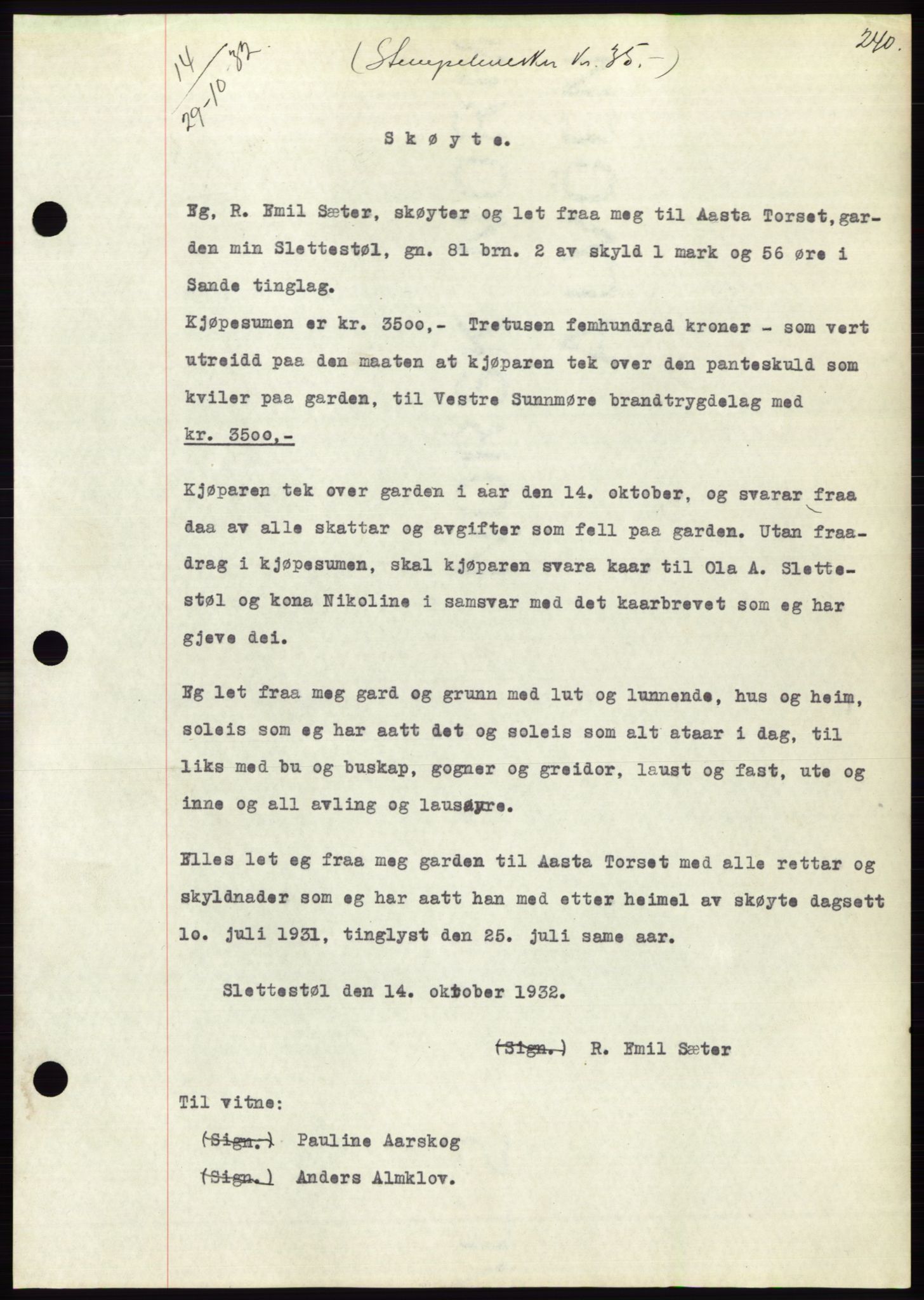 Søre Sunnmøre sorenskriveri, AV/SAT-A-4122/1/2/2C/L0054: Mortgage book no. 48, 1932-1933, Deed date: 29.10.1932