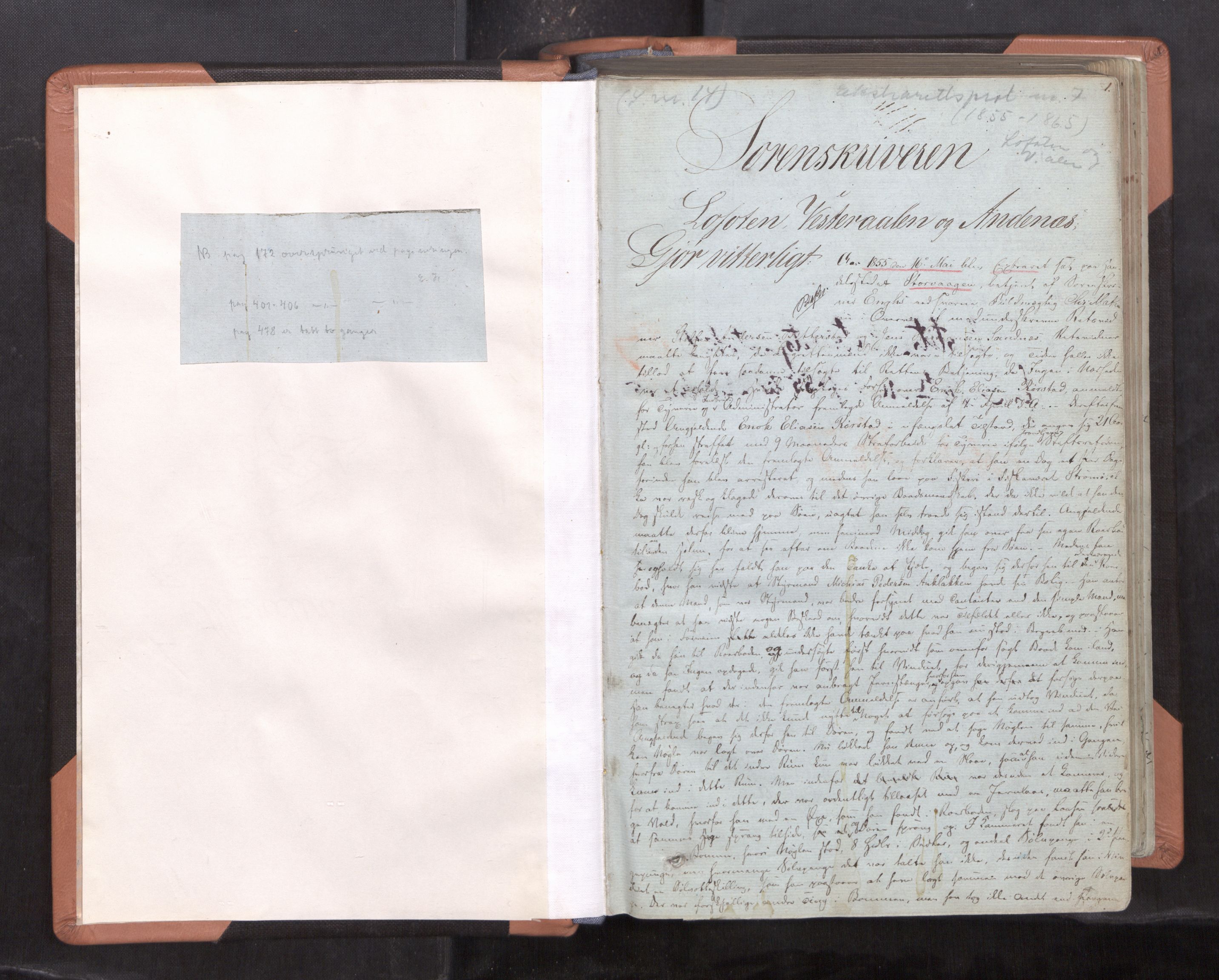 Vesterålen sorenskriveri, AV/SAT-A-4180/1/1/1B/L0007: Ekstrarettsprotokoll, 1855-1866, p. 1