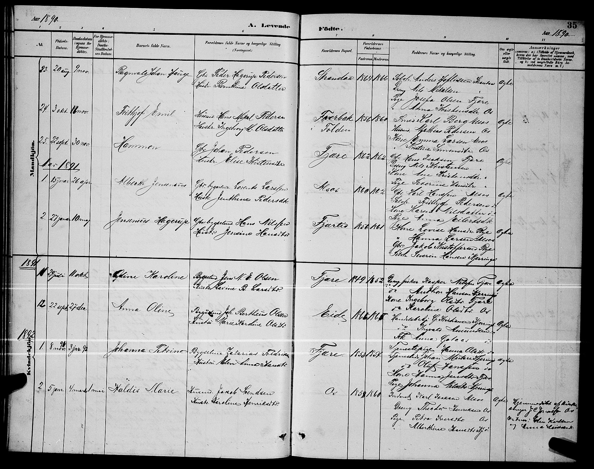 Ministerialprotokoller, klokkerbøker og fødselsregistre - Nordland, SAT/A-1459/803/L0076: Parish register (copy) no. 803C03, 1882-1897, p. 35