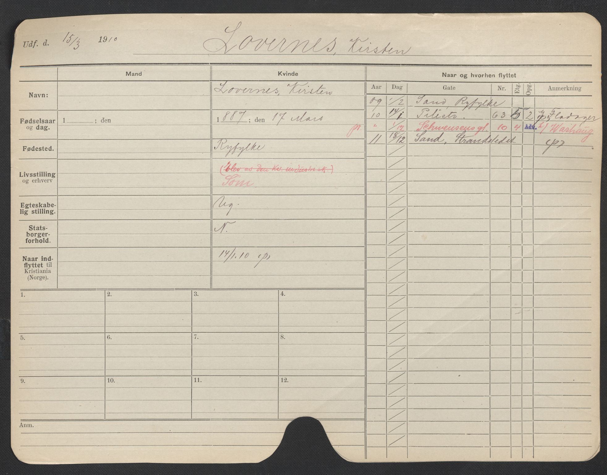 Oslo folkeregister, Registerkort, AV/SAO-A-11715/F/Fa/Fac/L0020: Kvinner, 1906-1914, p. 226a