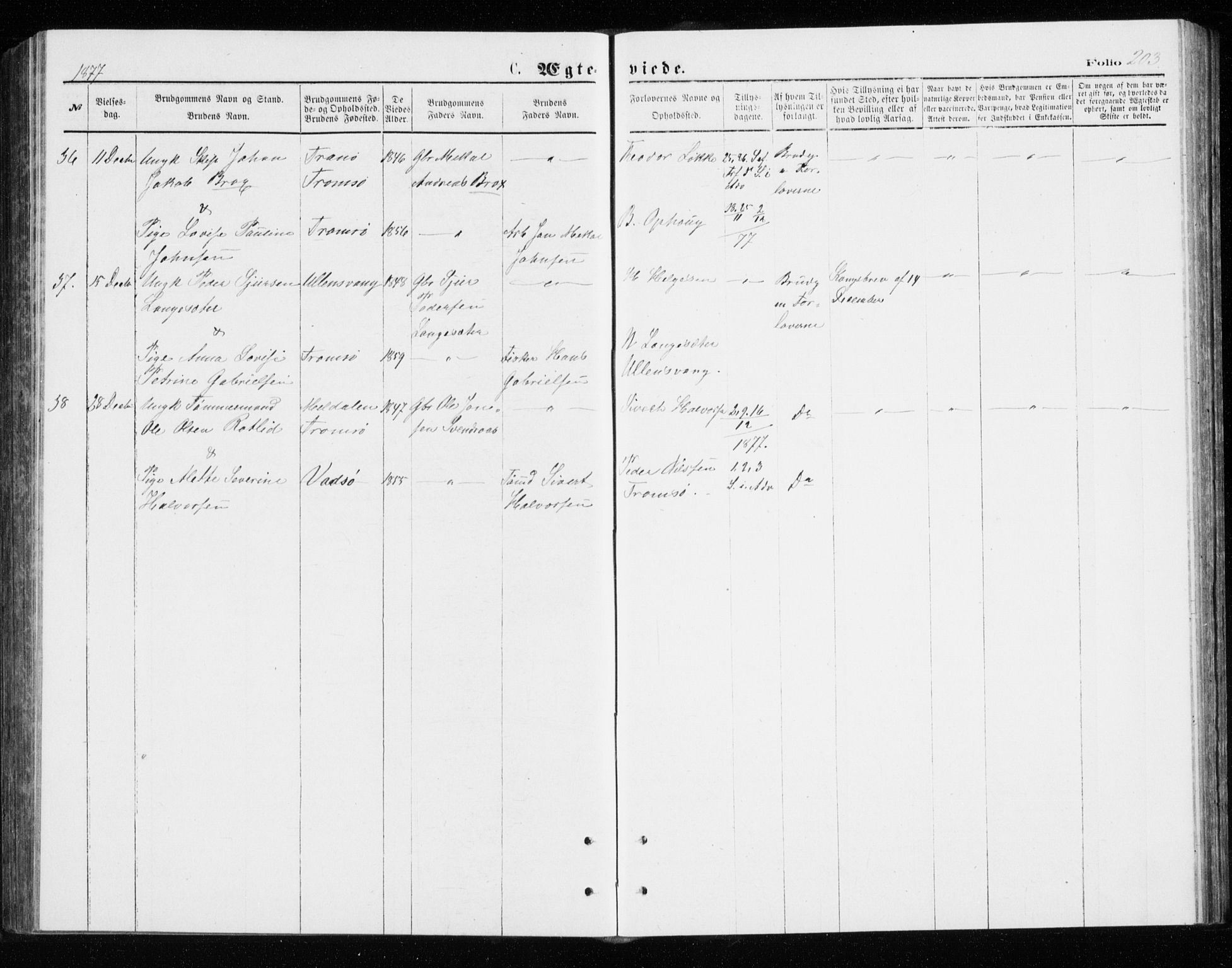 Tromsø sokneprestkontor/stiftsprosti/domprosti, SATØ/S-1343/G/Gb/L0008klokker: Parish register (copy) no. 8, 1875-1879, p. 203