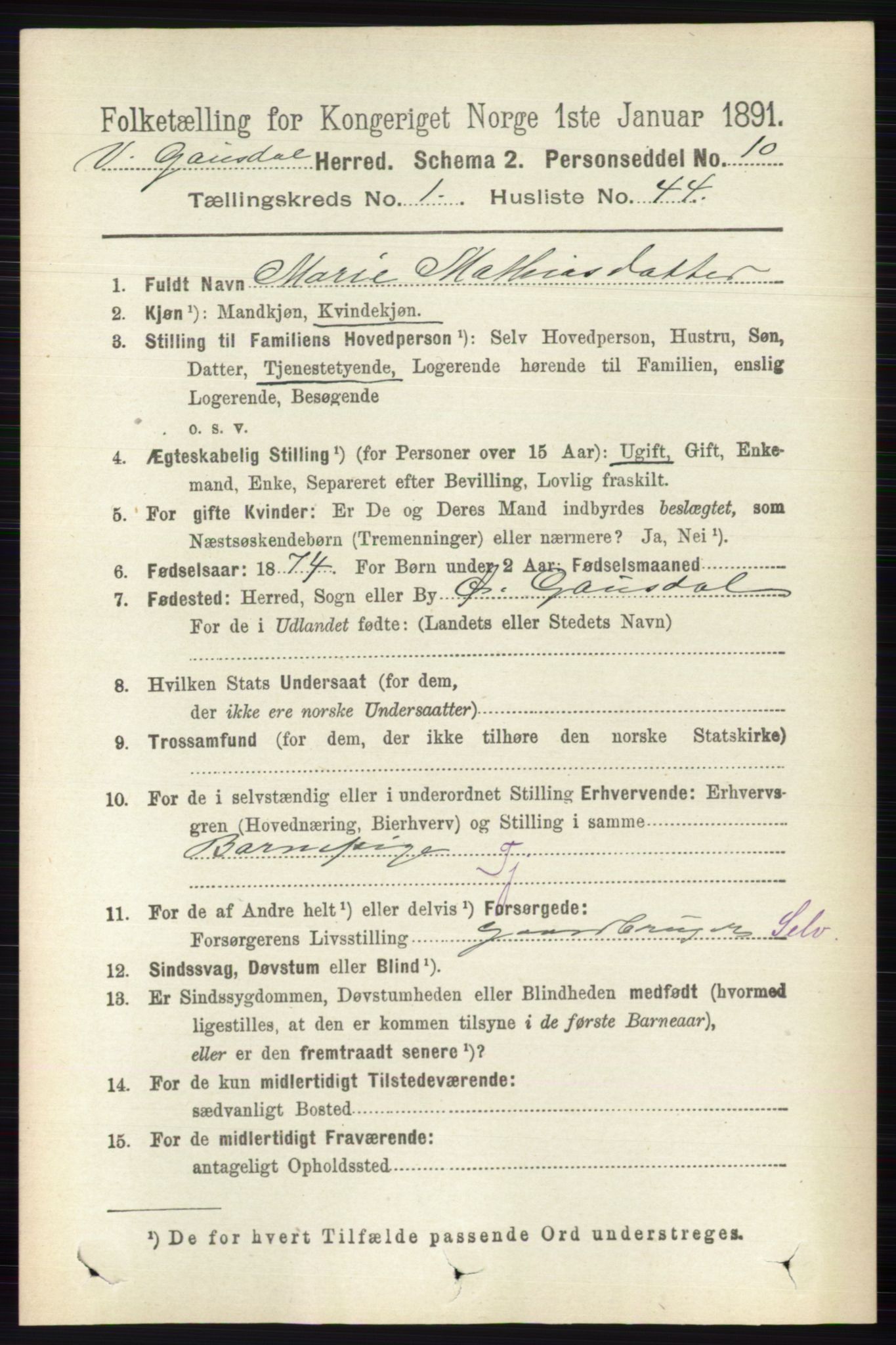 RA, 1891 census for 0523 Vestre Gausdal, 1891, p. 307