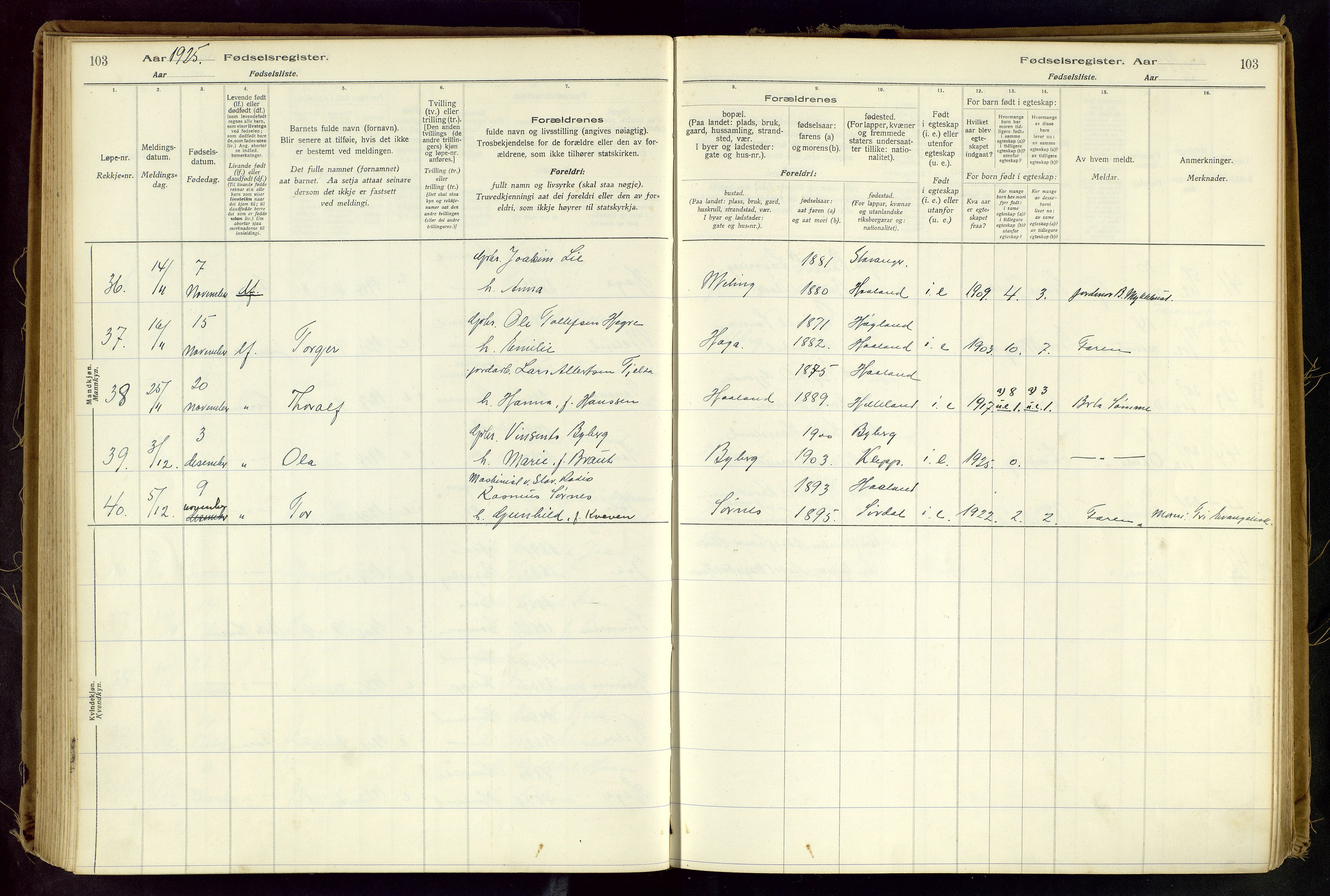 Håland sokneprestkontor, AV/SAST-A-101802/001/704BA/L0001: Birth register no. 1, 1916-1936, p. 103