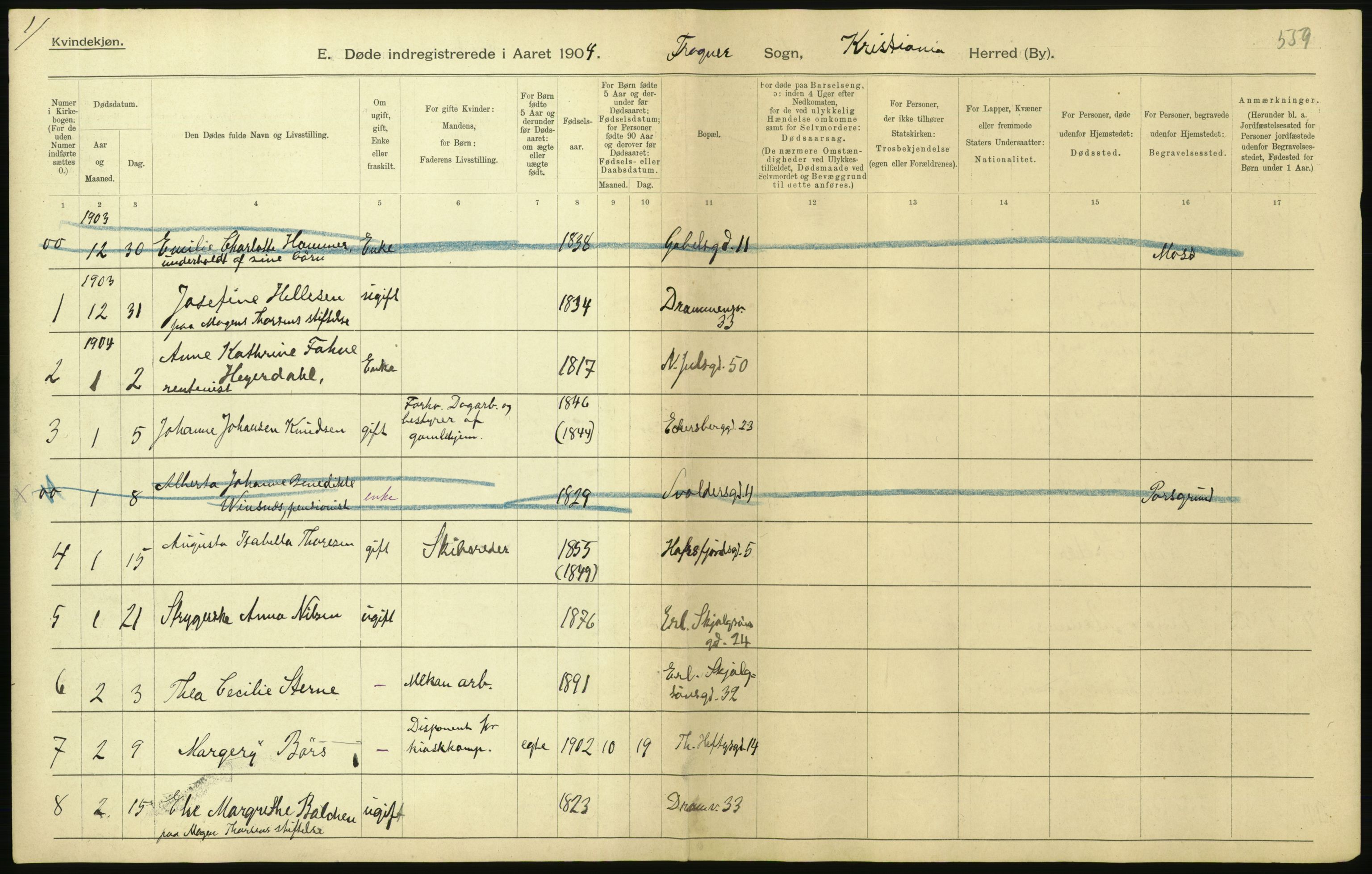 Statistisk sentralbyrå, Sosiodemografiske emner, Befolkning, AV/RA-S-2228/D/Df/Dfa/Dfab/L0004: Kristiania: Gifte, døde, 1904, p. 279