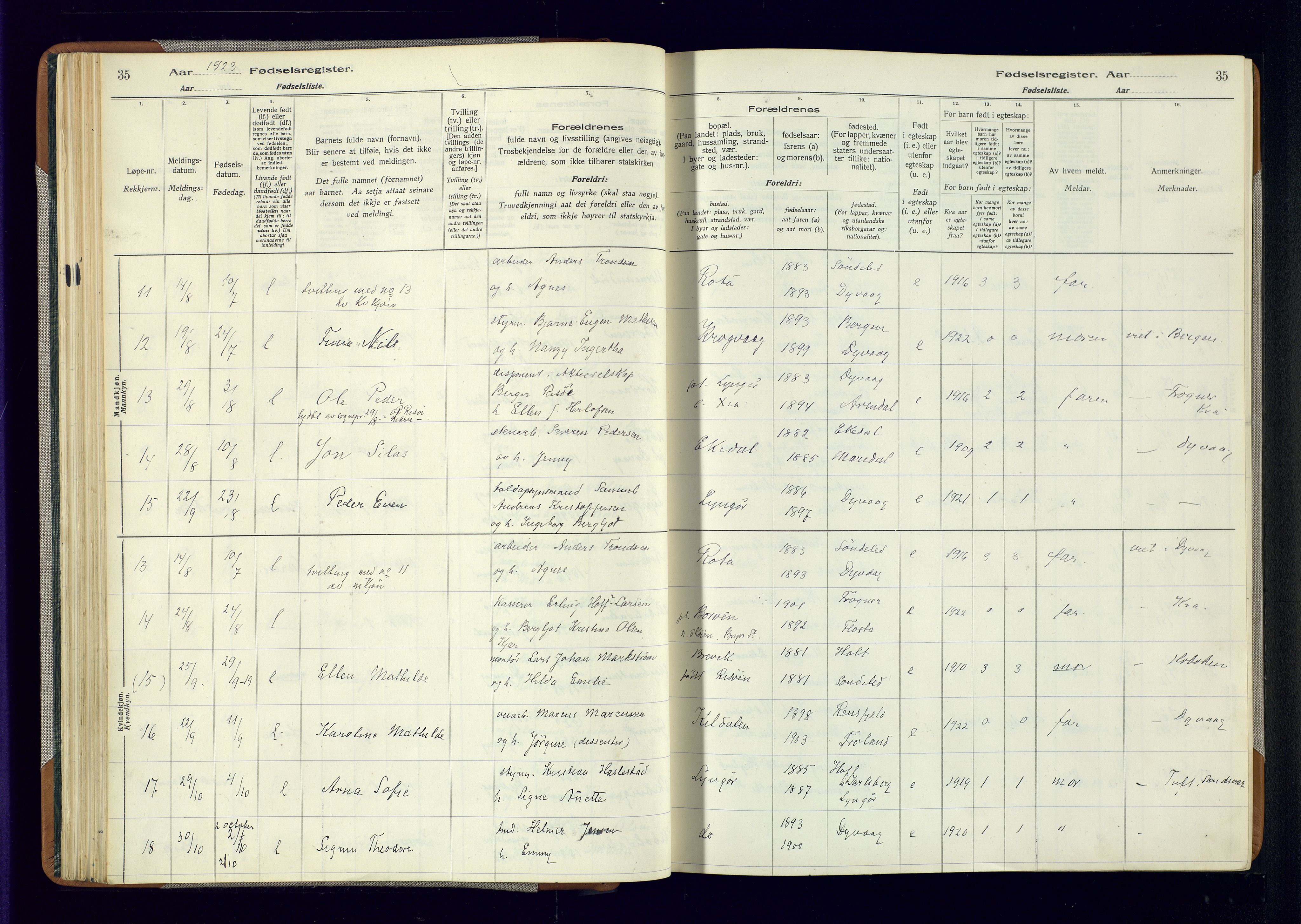 Dypvåg sokneprestkontor, AV/SAK-1111-0007/J/Ja/L0001: Birth register no. II.4.3, 1916-1975, p. 35