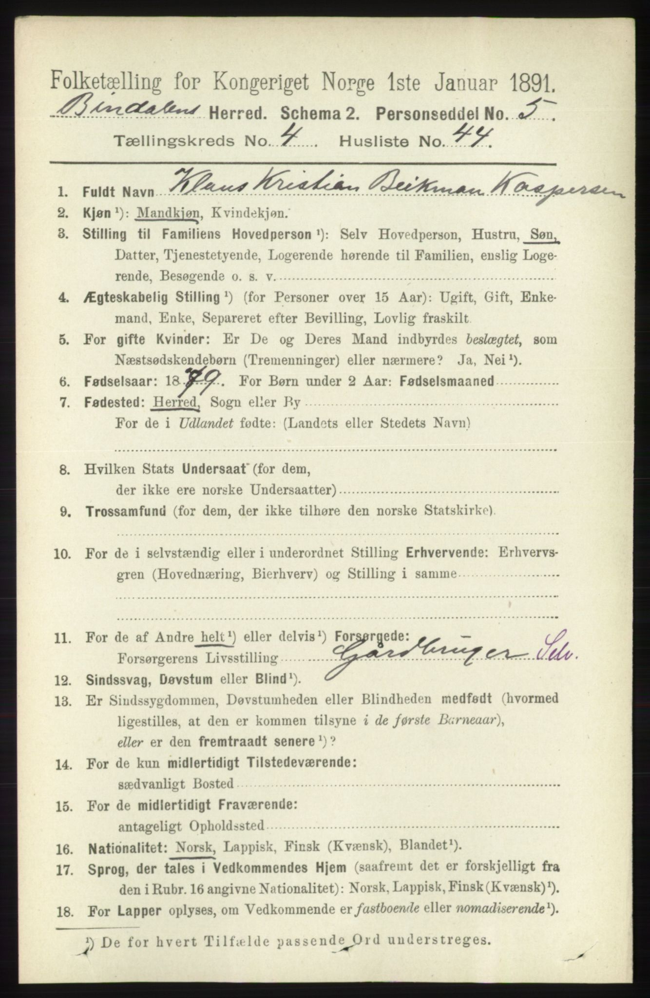 RA, 1891 census for 1811 Bindal, 1891, p. 1287