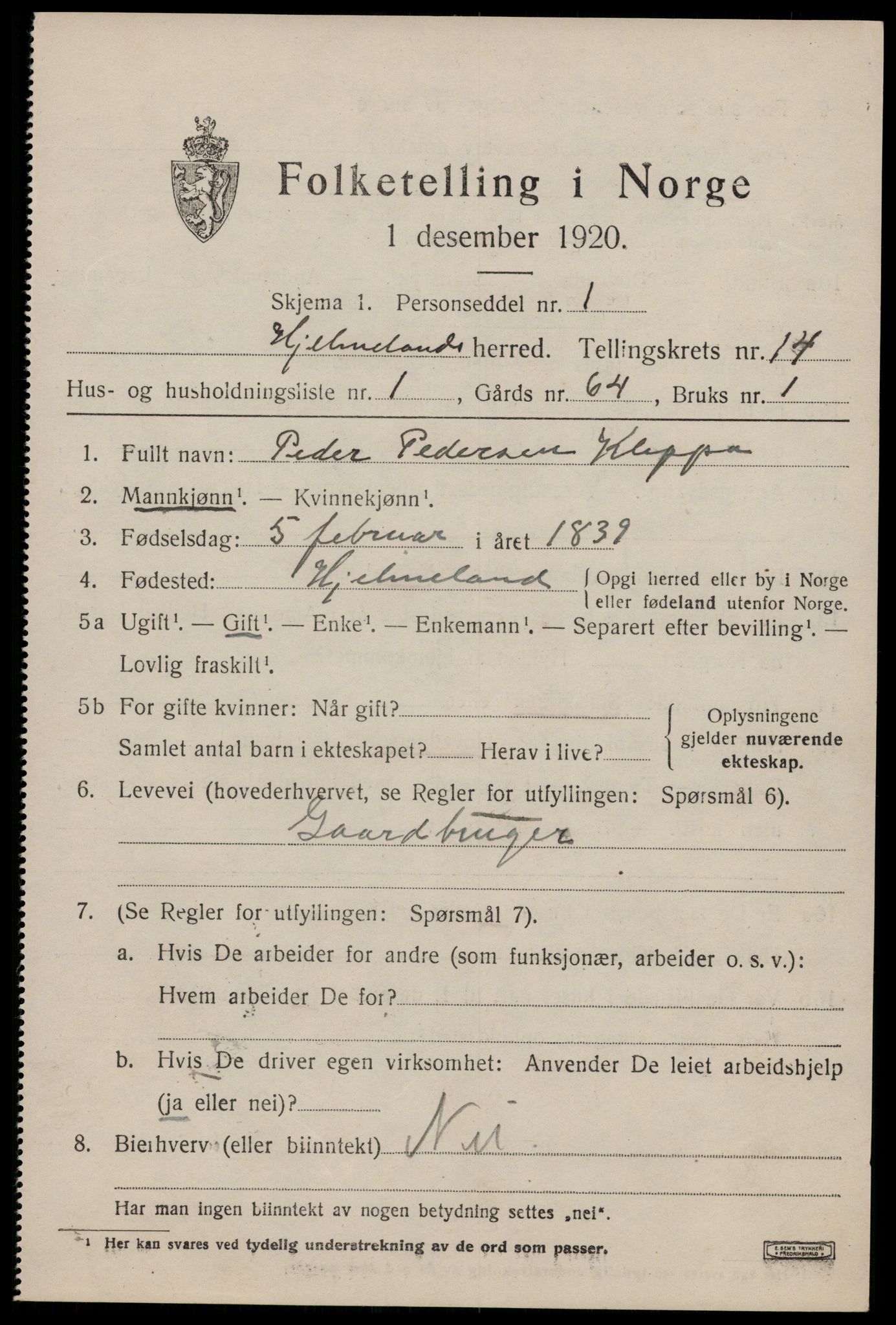 SAST, 1920 census for Hjelmeland, 1920, p. 4419