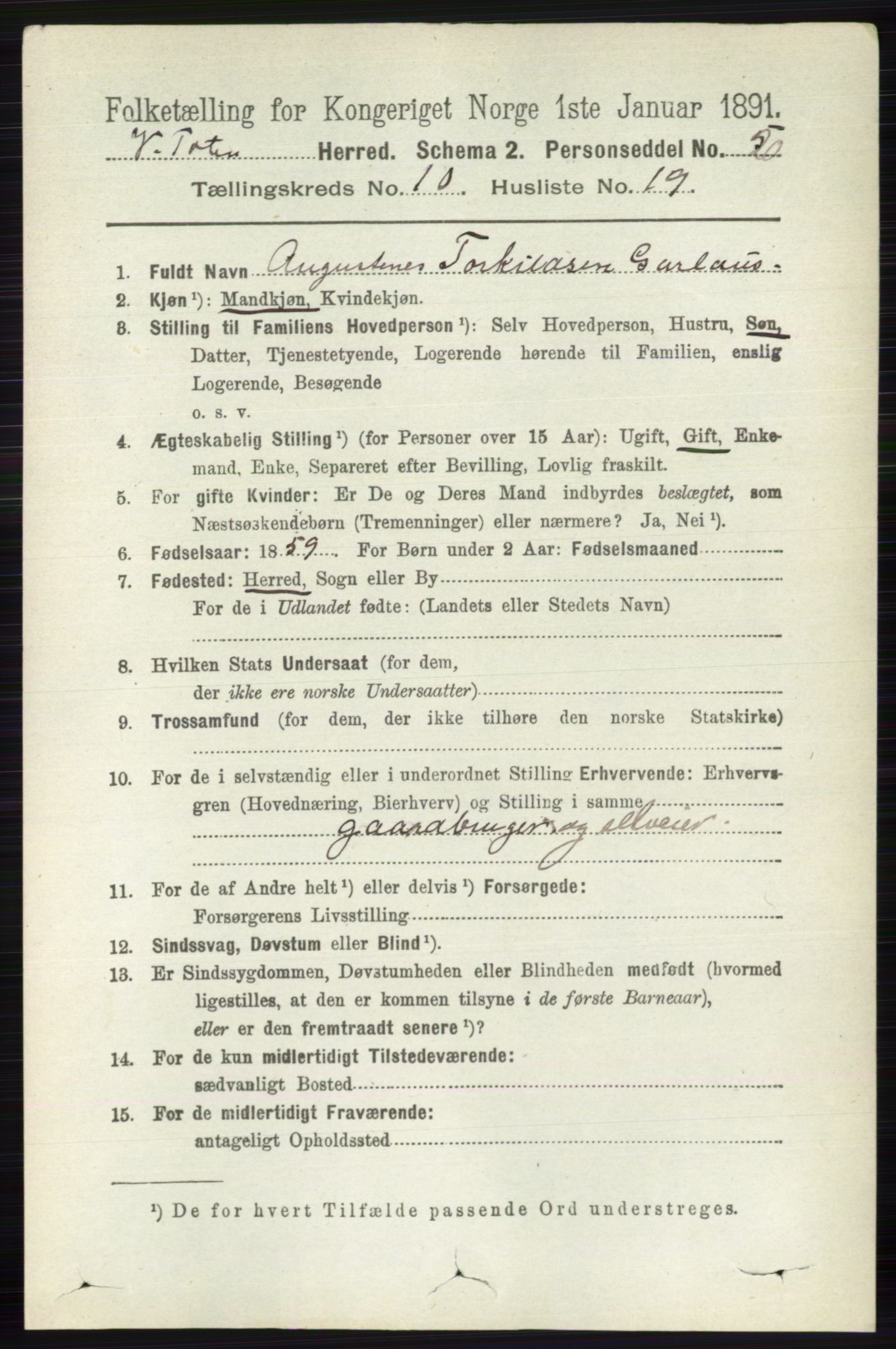 RA, 1891 census for 0529 Vestre Toten, 1891, p. 6318
