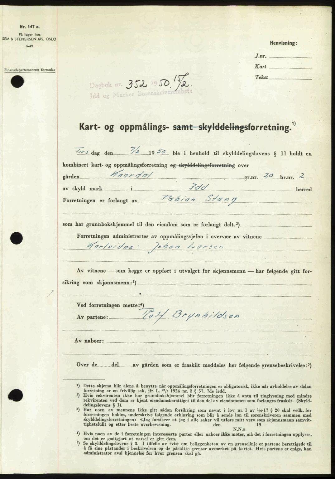 Idd og Marker sorenskriveri, AV/SAO-A-10283/G/Gb/Gbb/L0013: Mortgage book no. A13, 1949-1950, Diary no: : 352/1950